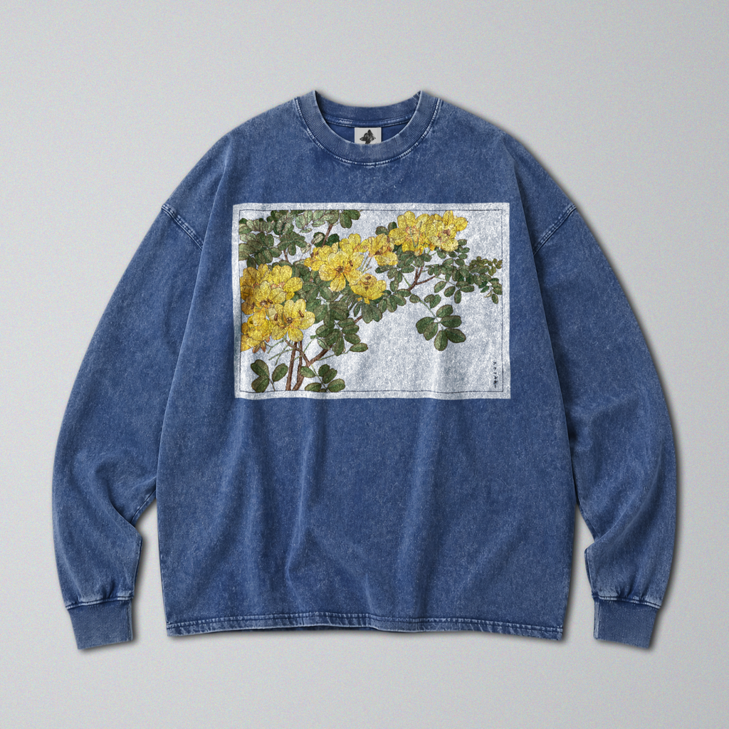 Oversized Snow Washed Long Sleeve Cotton Tee - Japanese Wildflower Print