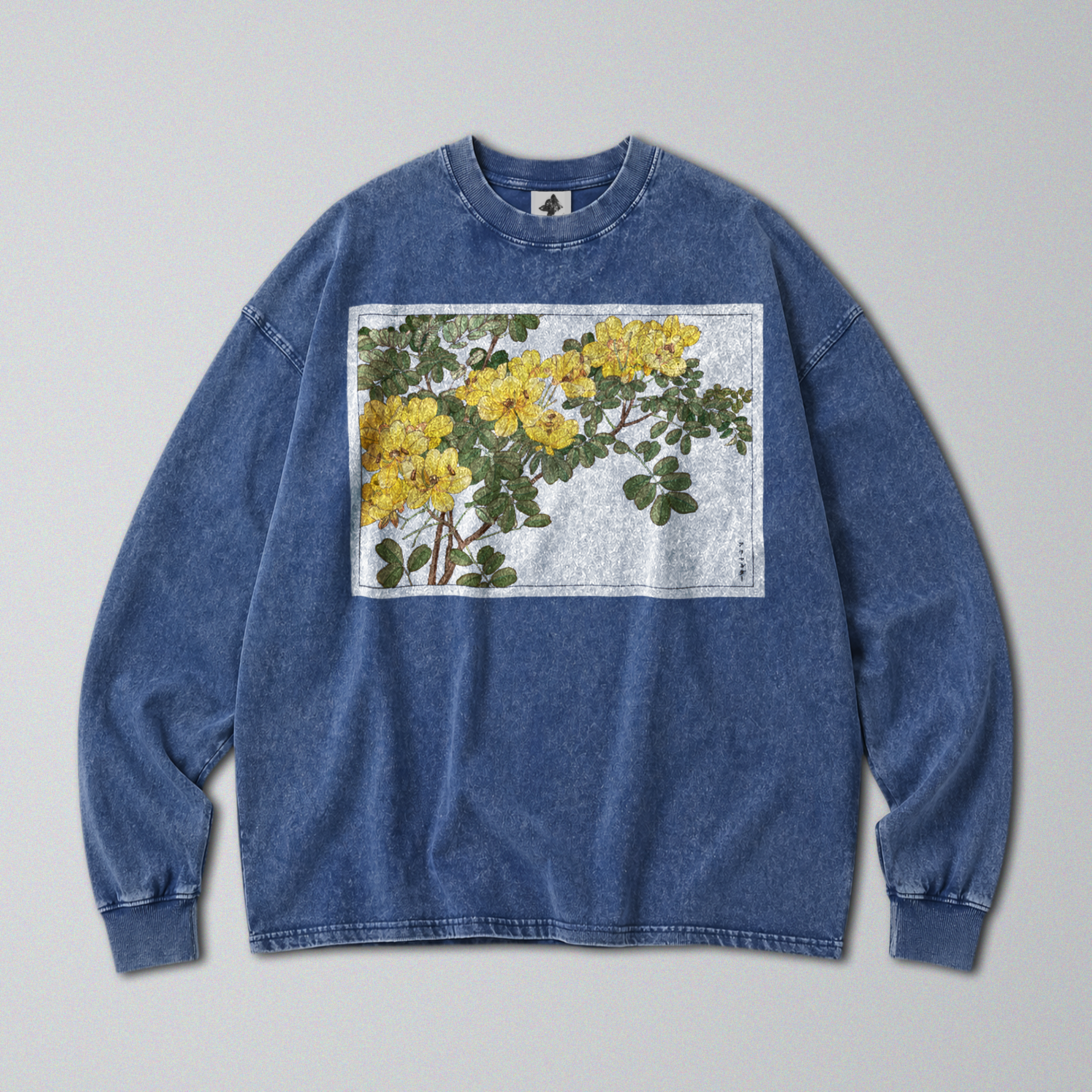 Oversized Snow Washed Long Sleeve Cotton Tee - Japanese Wildflower Print