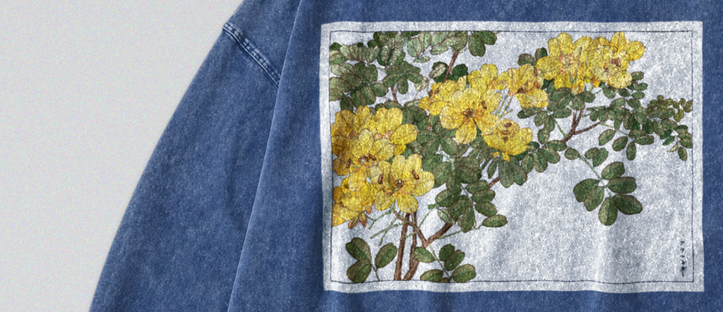 Oversized Snow Washed Long Sleeve Cotton Tee - Japanese Wildflower Print