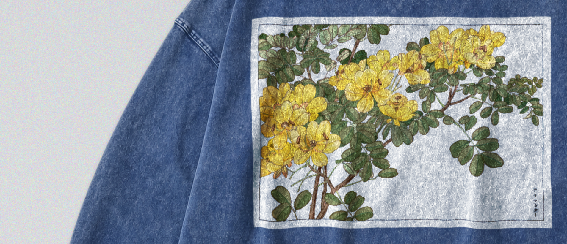 Oversized Snow Washed Long Sleeve Cotton Tee - Japanese Wildflower Print