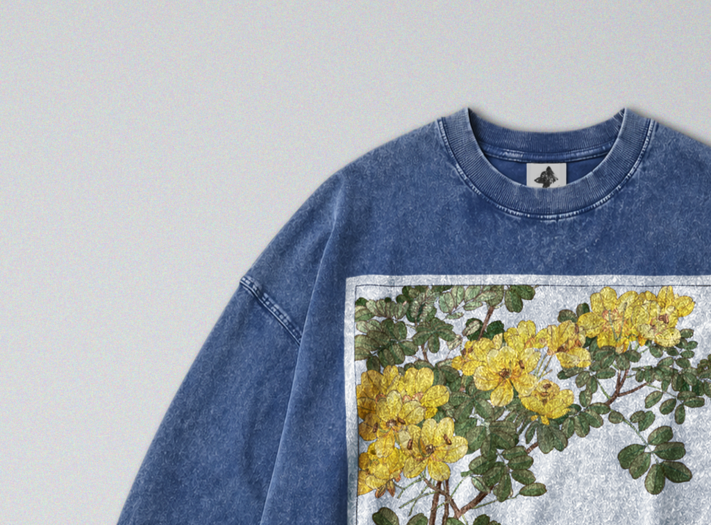Oversized Snow Washed Long Sleeve Cotton Tee - Japanese Wildflower Print