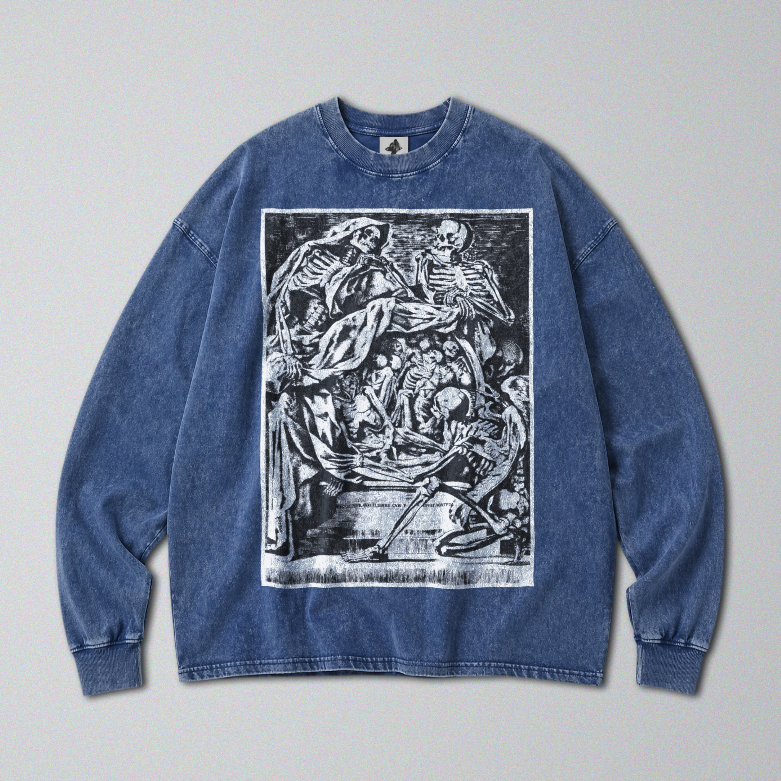 Oversized Snow Washed Long Sleeve Cotton Tee - Group of Skeletons Print