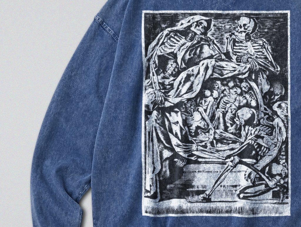 Oversized Snow Washed Long Sleeve Cotton Tee - Group of Skeletons Print