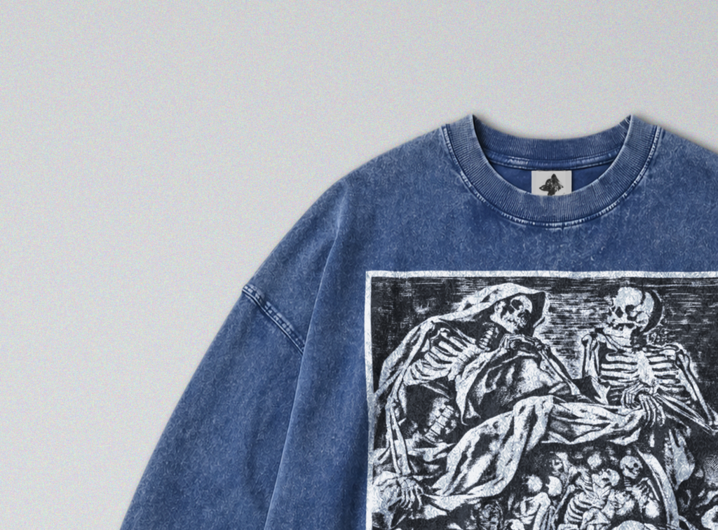 Oversized Snow Washed Long Sleeve Cotton Tee - Group of Skeletons Print