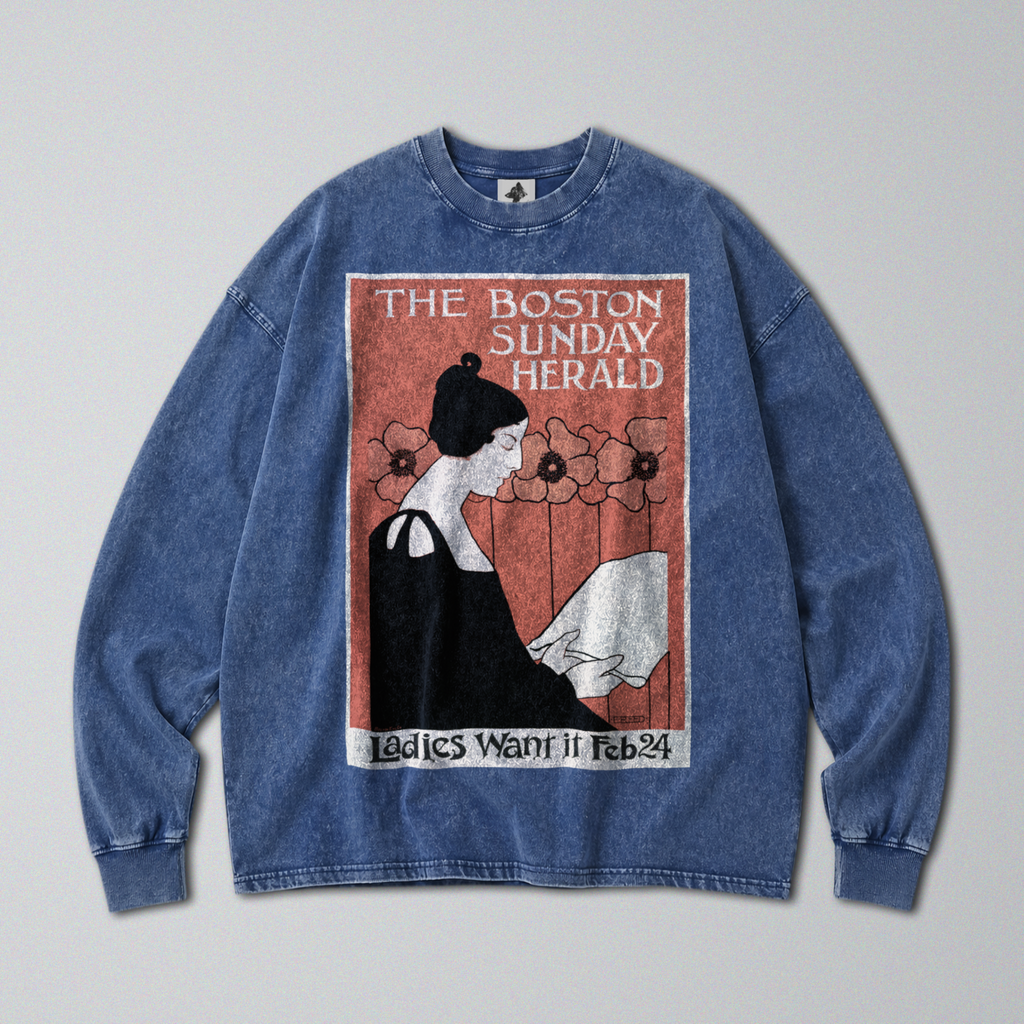 Oversized Snow Washed Long Sleeve Cotton Tee - Boston Sunday Herald Print