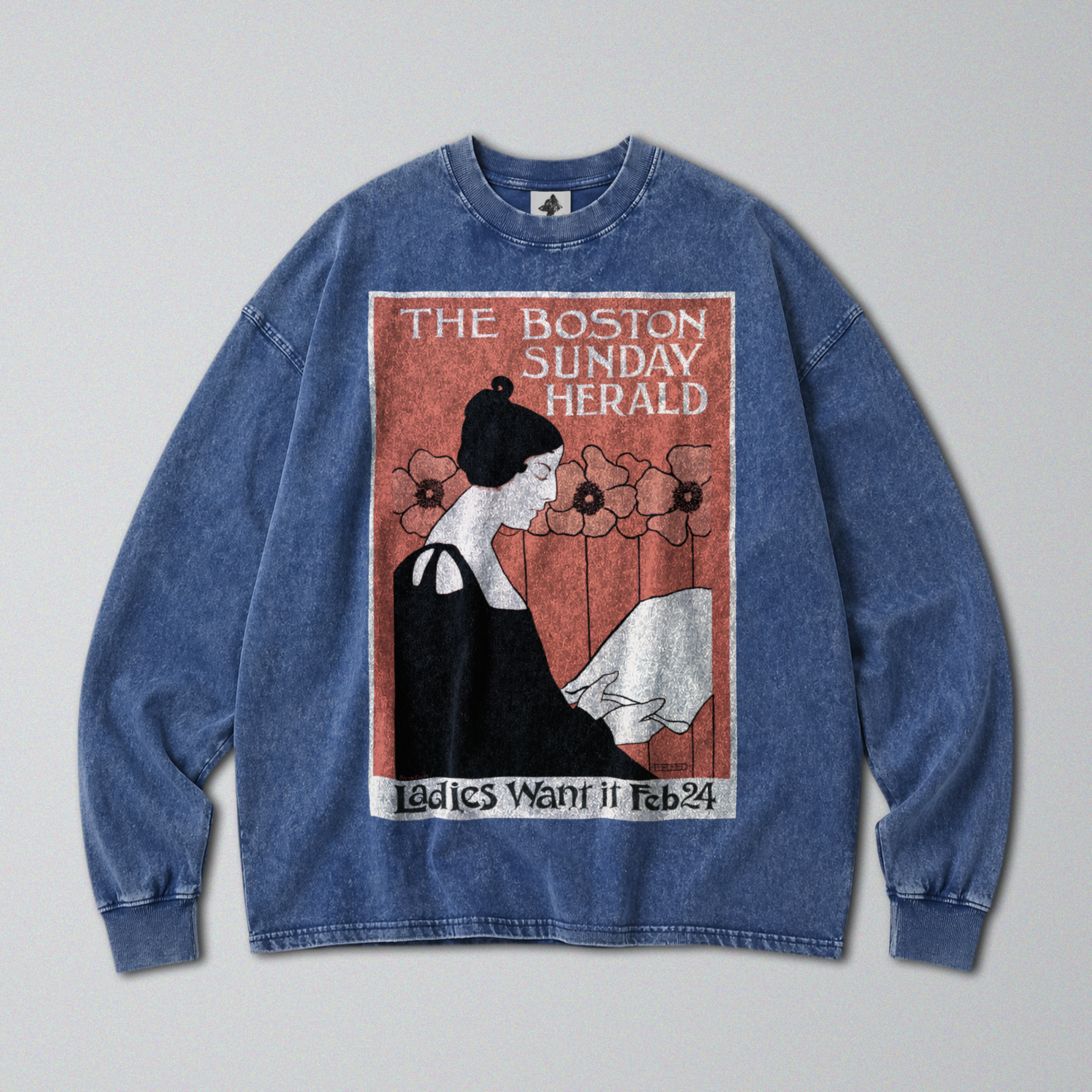 Oversized Snow Washed Long Sleeve Cotton Tee - Boston Sunday Herald Print
