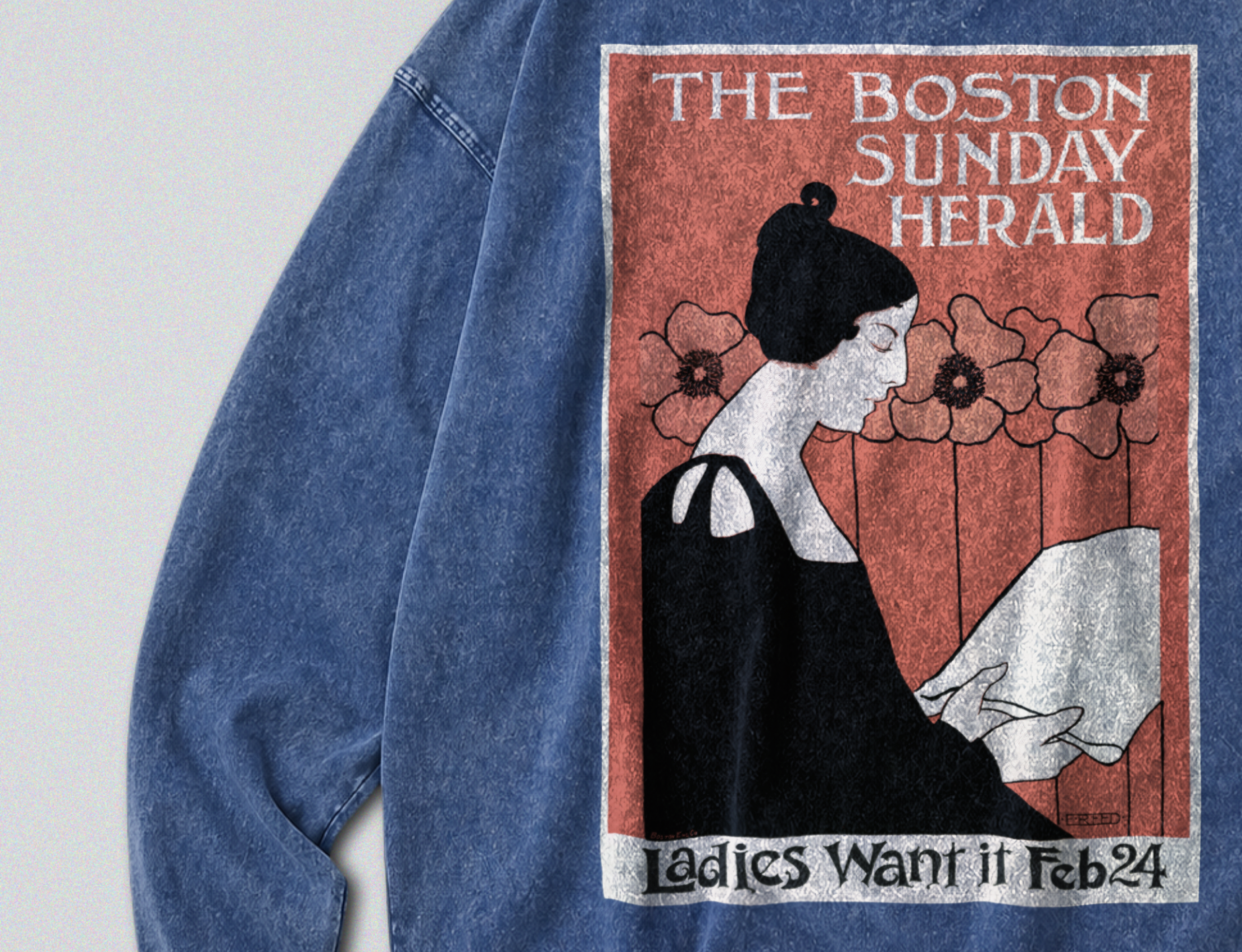 Oversized Snow Washed Long Sleeve Cotton Tee - Boston Sunday Herald Print