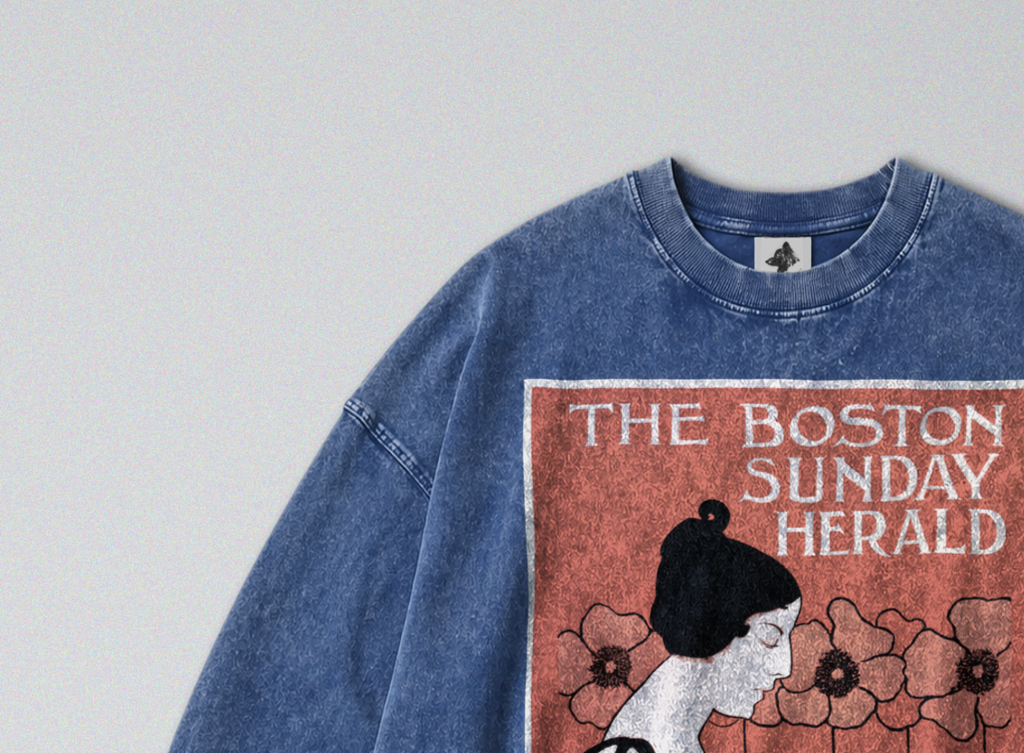 Oversized Snow Washed Long Sleeve Cotton Tee - Boston Sunday Herald Print