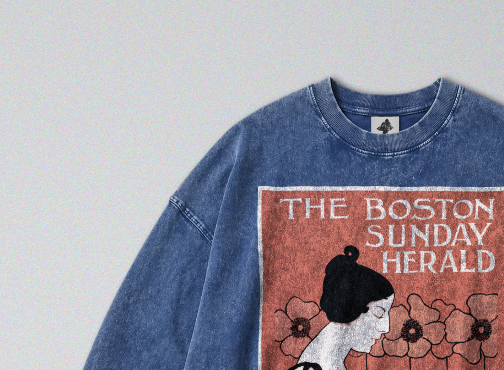 Oversized Snow Washed Long Sleeve Cotton Tee - Boston Sunday Herald Print