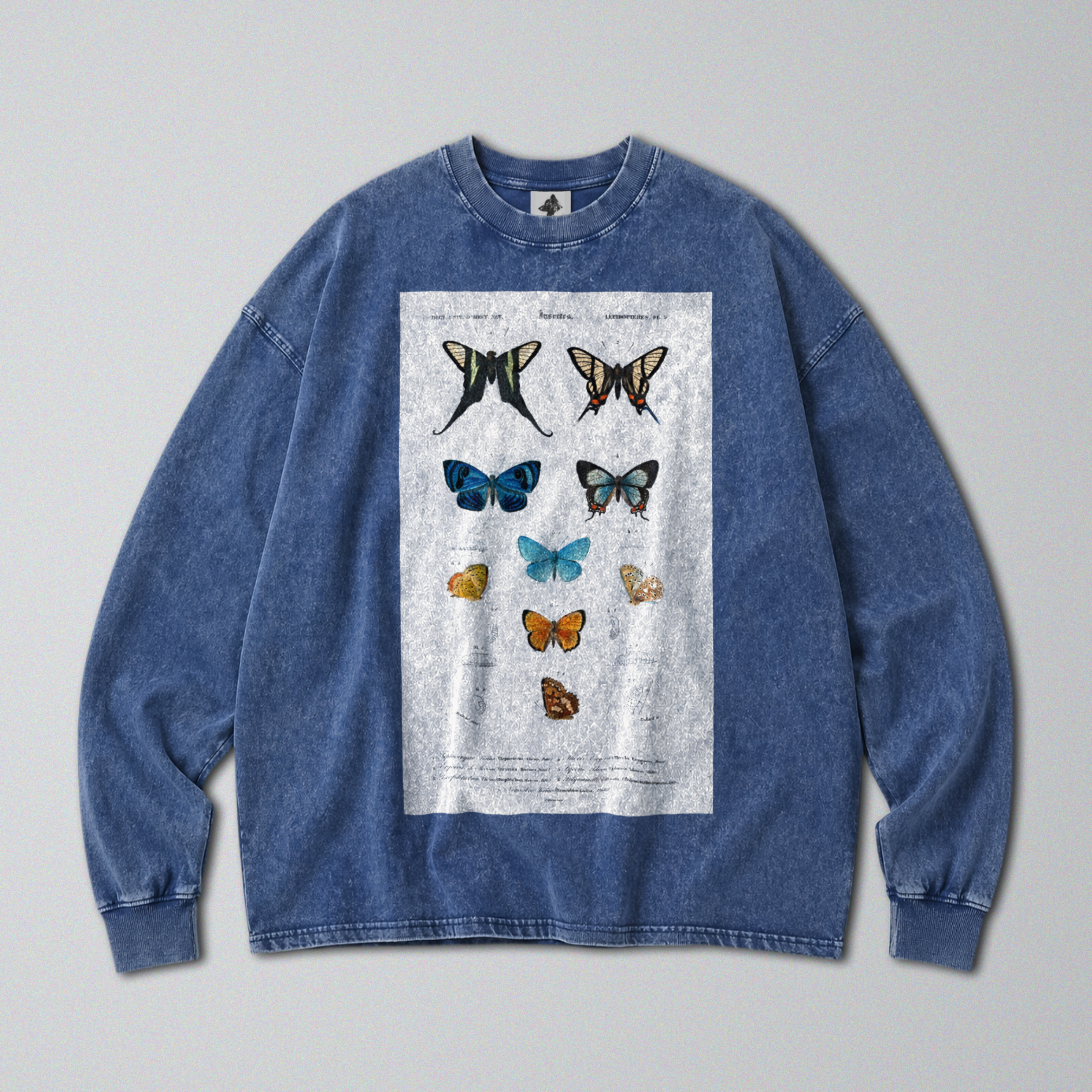 Oversized Snow Washed Long Sleeve Cotton Tee - Vibrant Butterflies Print