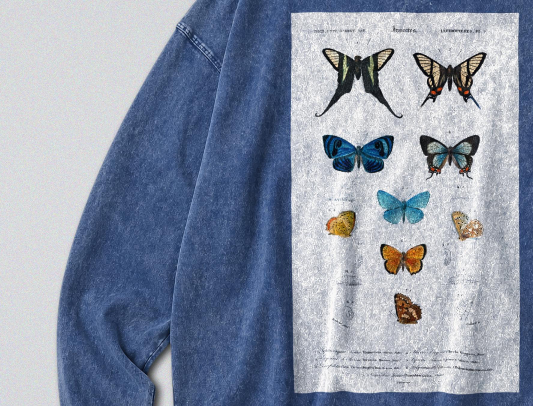 Oversized Snow Washed Long Sleeve Cotton Tee - Vibrant Butterflies Print