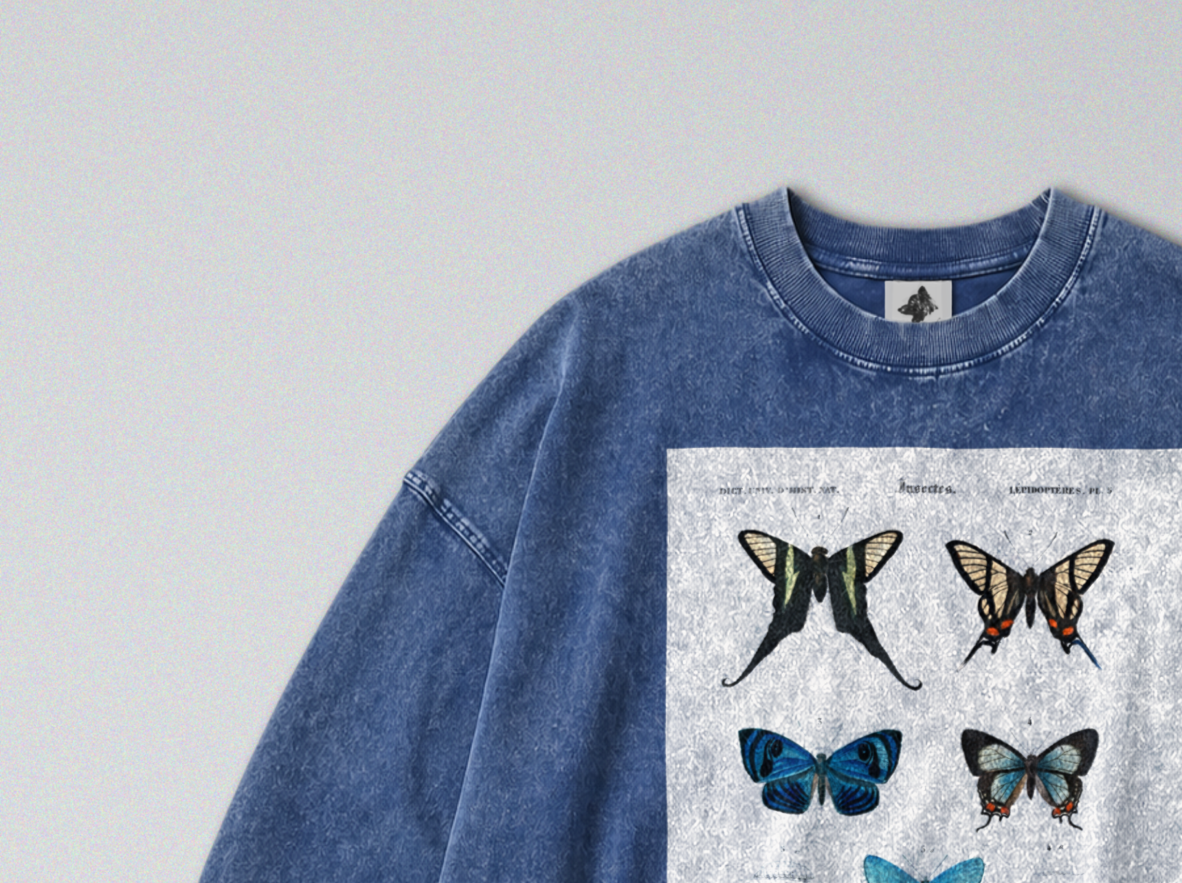 Oversized Snow Washed Long Sleeve Cotton Tee - Vibrant Butterflies Print