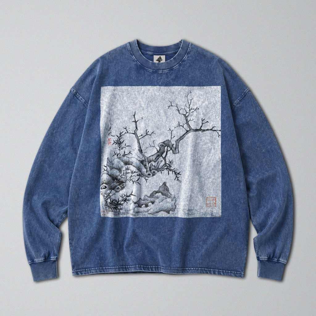 Oversized Snow Washed Long Sleeve Cotton Tee - Chinese Botanical Print