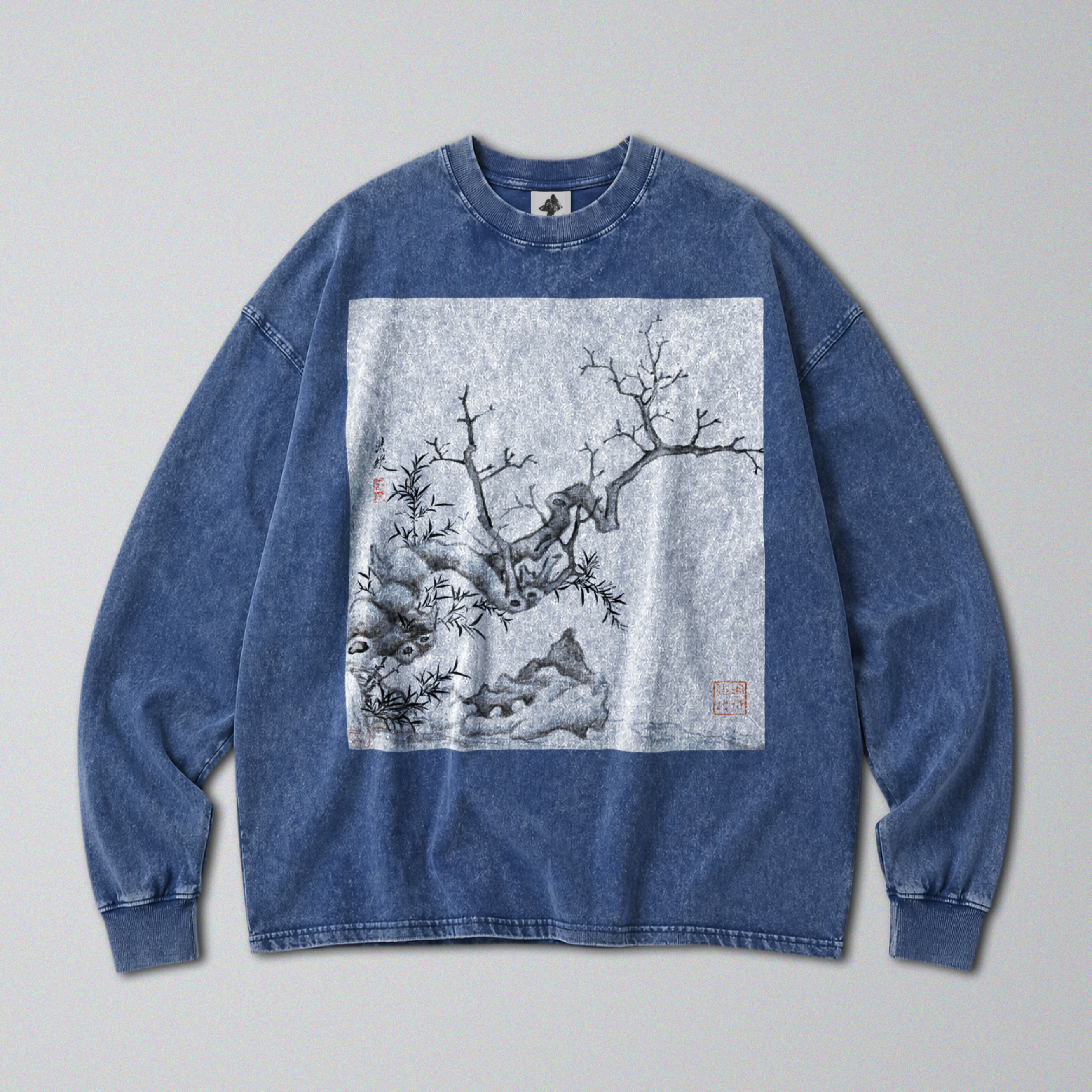 Oversized Snow Washed Long Sleeve Cotton Tee - Chinese Botanical Print