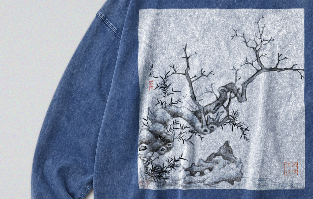 Oversized Snow Washed Long Sleeve Cotton Tee - Chinese Botanical Print