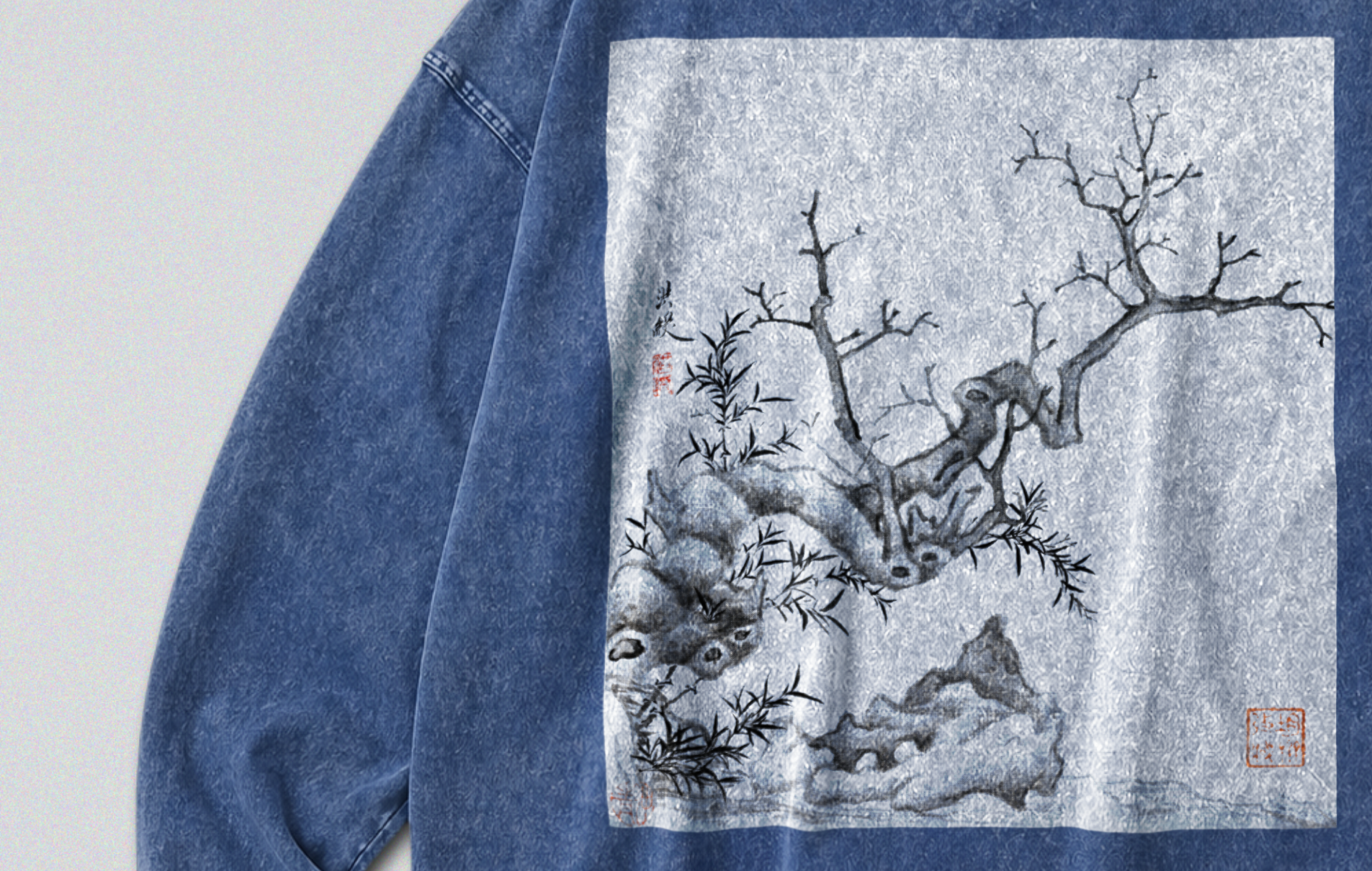 Oversized Snow Washed Long Sleeve Cotton Tee - Chinese Botanical Print