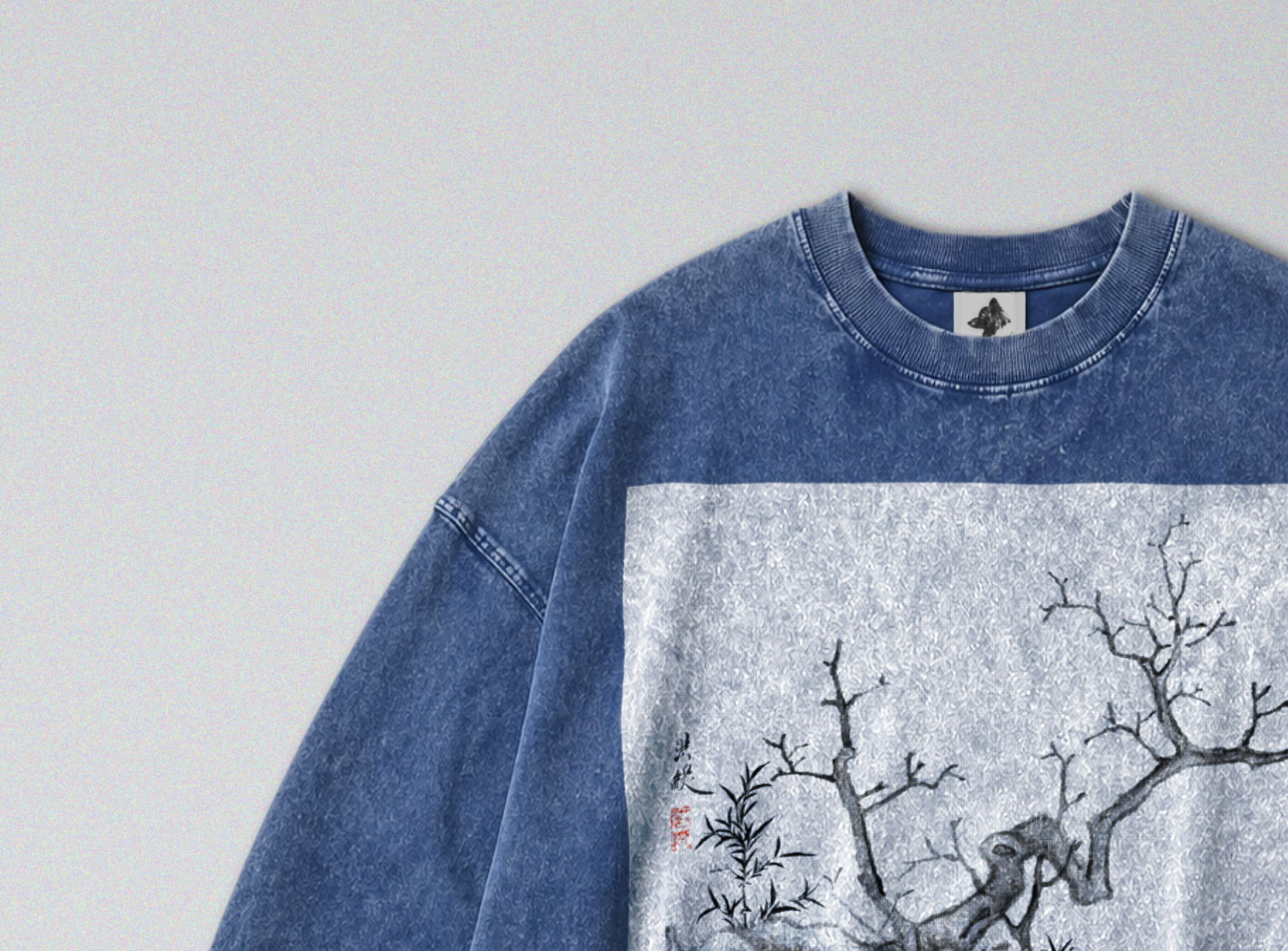 Oversized Snow Washed Long Sleeve Cotton Tee - Chinese Botanical Print
