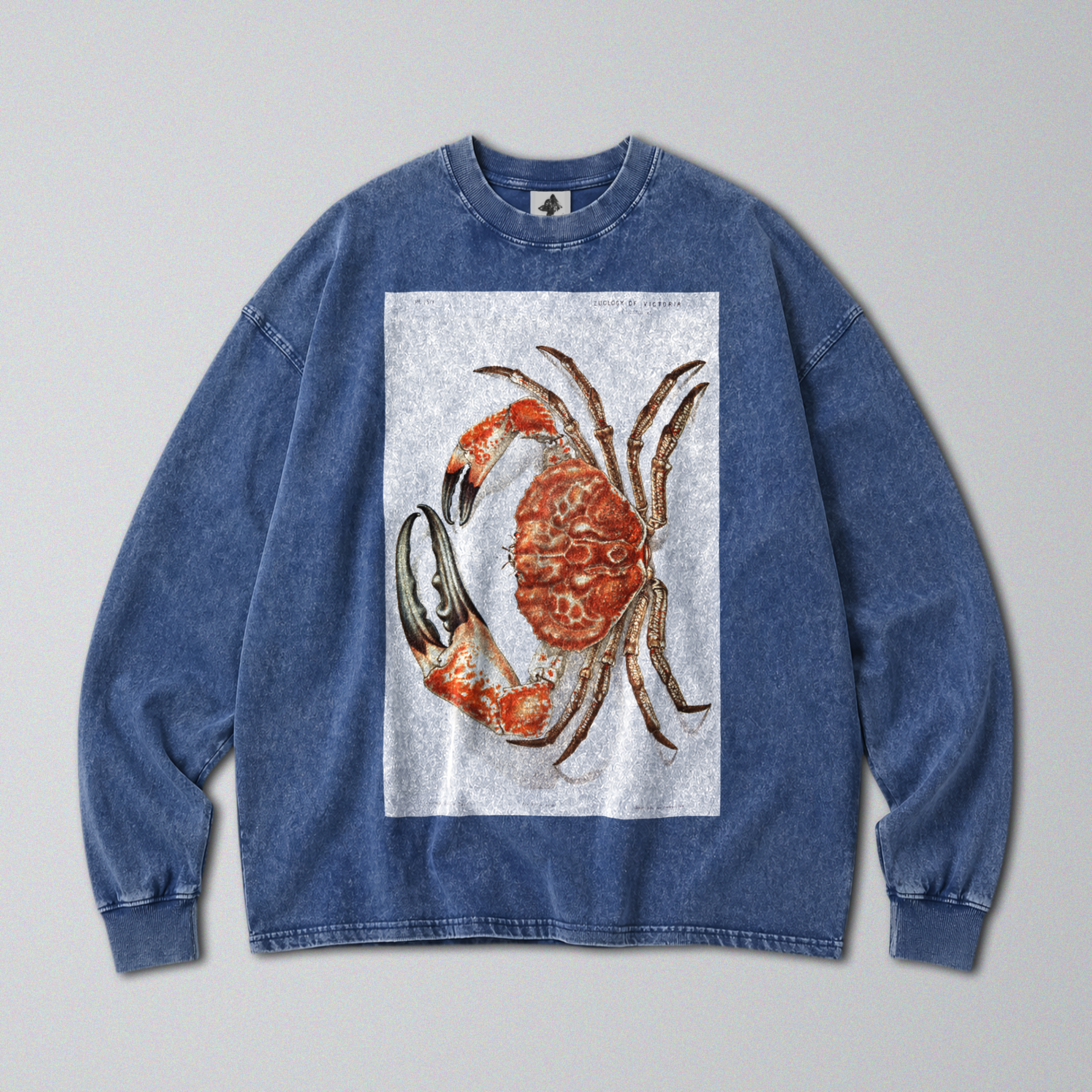 Oversized Snow Washed Long Sleeve Cotton Tee - Giant Red Crab Print
