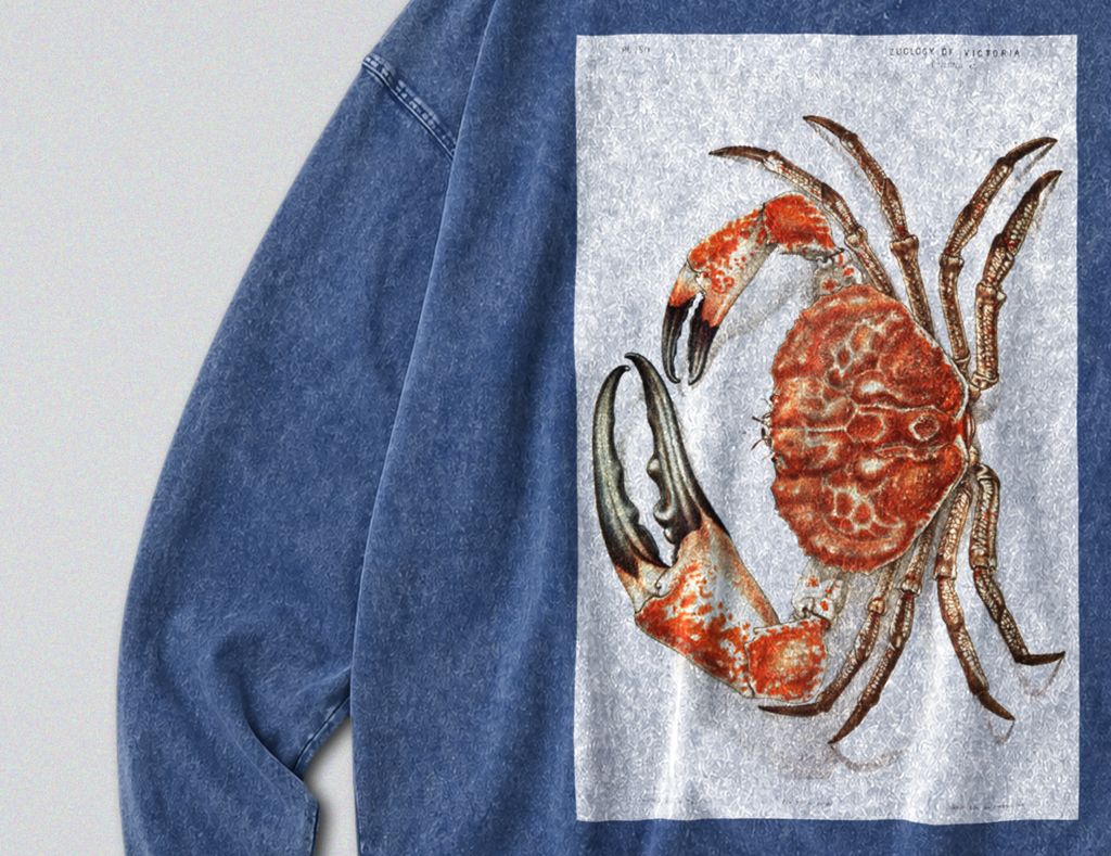 Oversized Snow Washed Long Sleeve Cotton Tee - Giant Red Crab Print