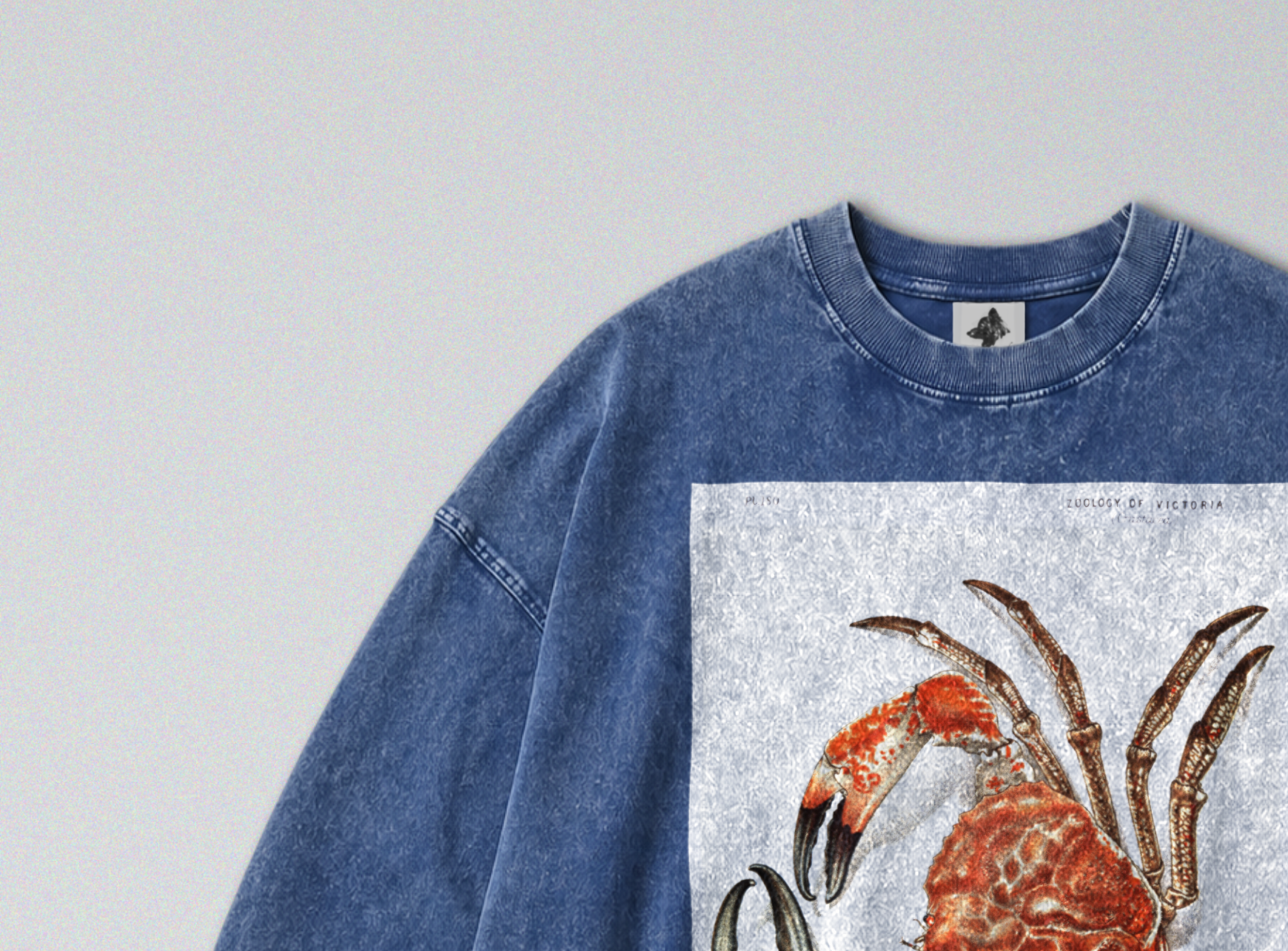 Oversized Snow Washed Long Sleeve Cotton Tee - Giant Red Crab Print