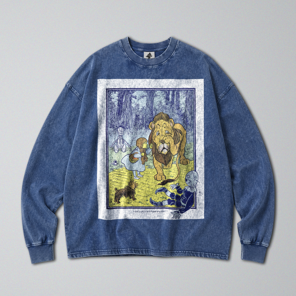 Oversized Snow Washed Long Sleeve Cotton Tee - Wizard of Oz Book Print