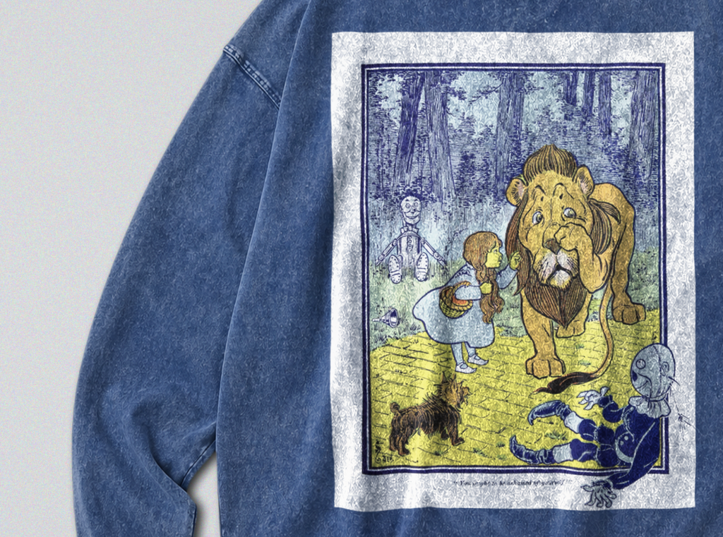 Oversized Snow Washed Long Sleeve Cotton Tee - Wizard of Oz Book Print