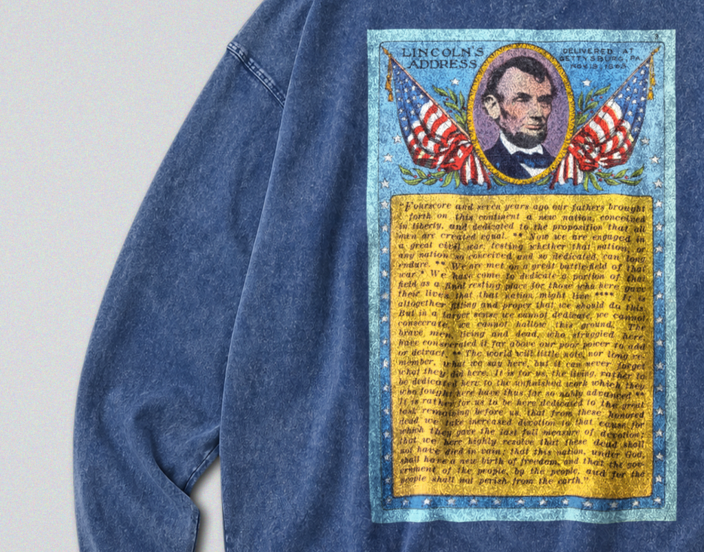 Oversized Snow Washed Long Sleeve Cotton Tee - Lincoln's Gettysburg Speech Print