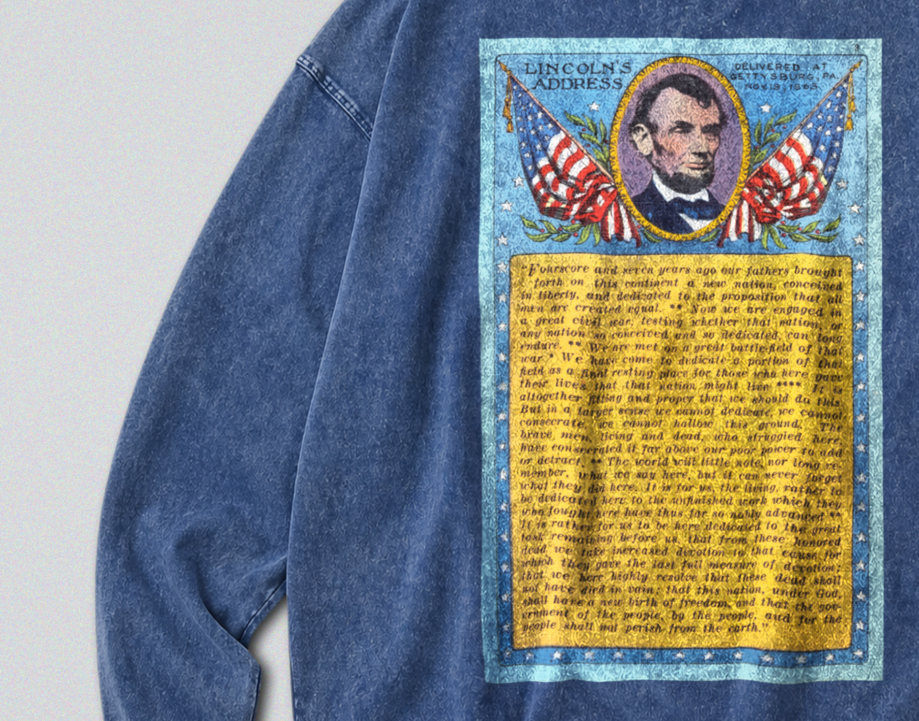 Oversized Snow Washed Long Sleeve Cotton Tee - Lincoln's Gettysburg Speech Print