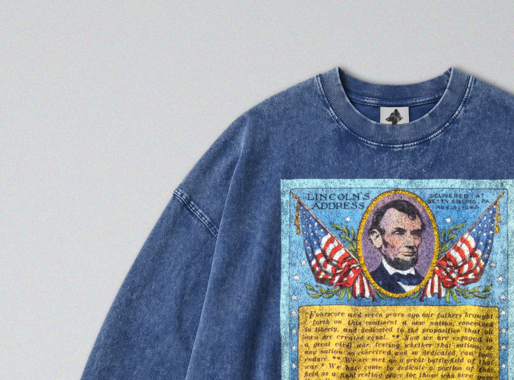 Oversized Snow Washed Long Sleeve Cotton Tee - Lincoln's Gettysburg Speech Print