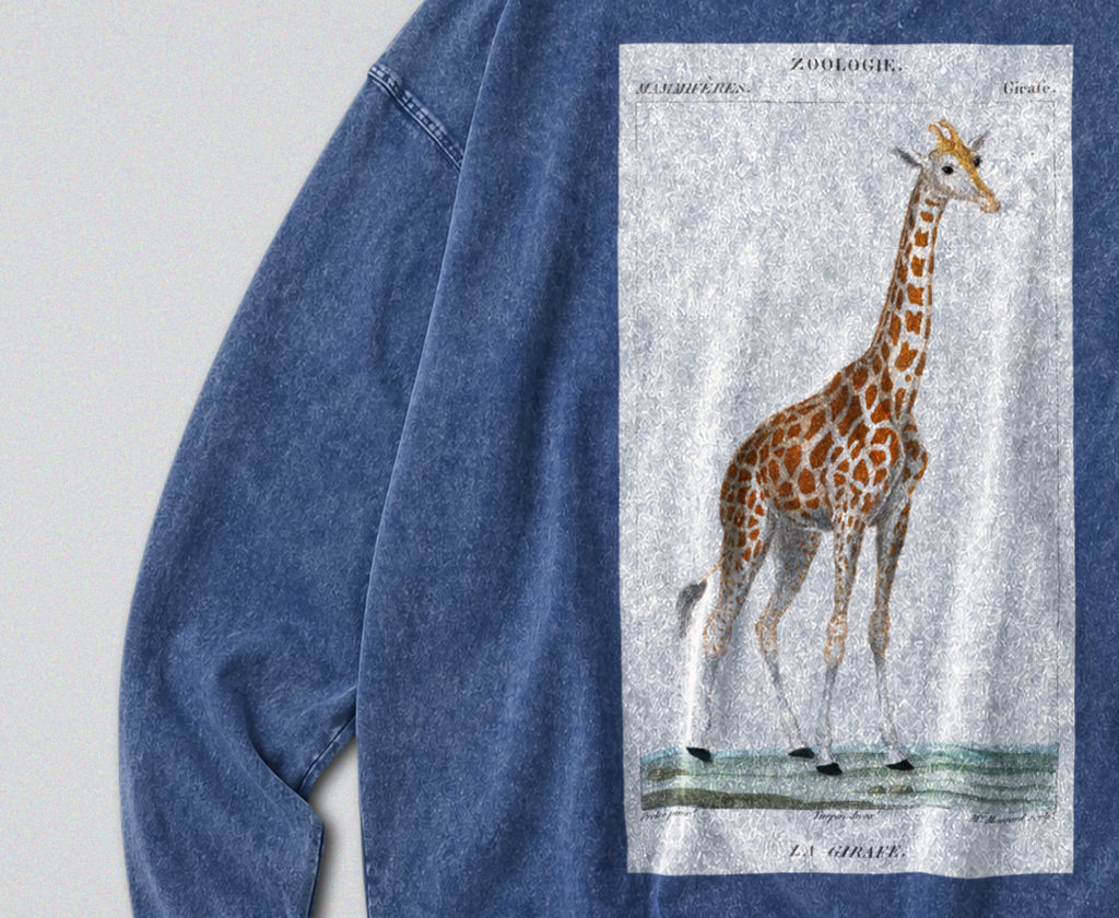 Oversized Snow Washed Long Sleeve Cotton Tee - Nubian Giraffe Print