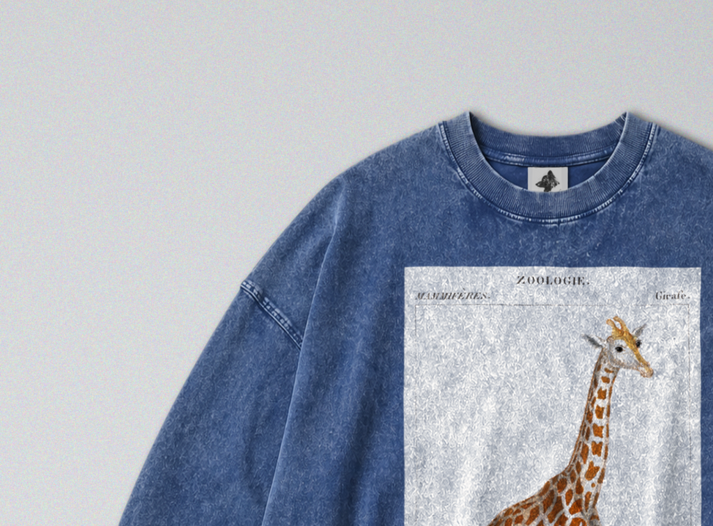Oversized Snow Washed Long Sleeve Cotton Tee - Nubian Giraffe Print