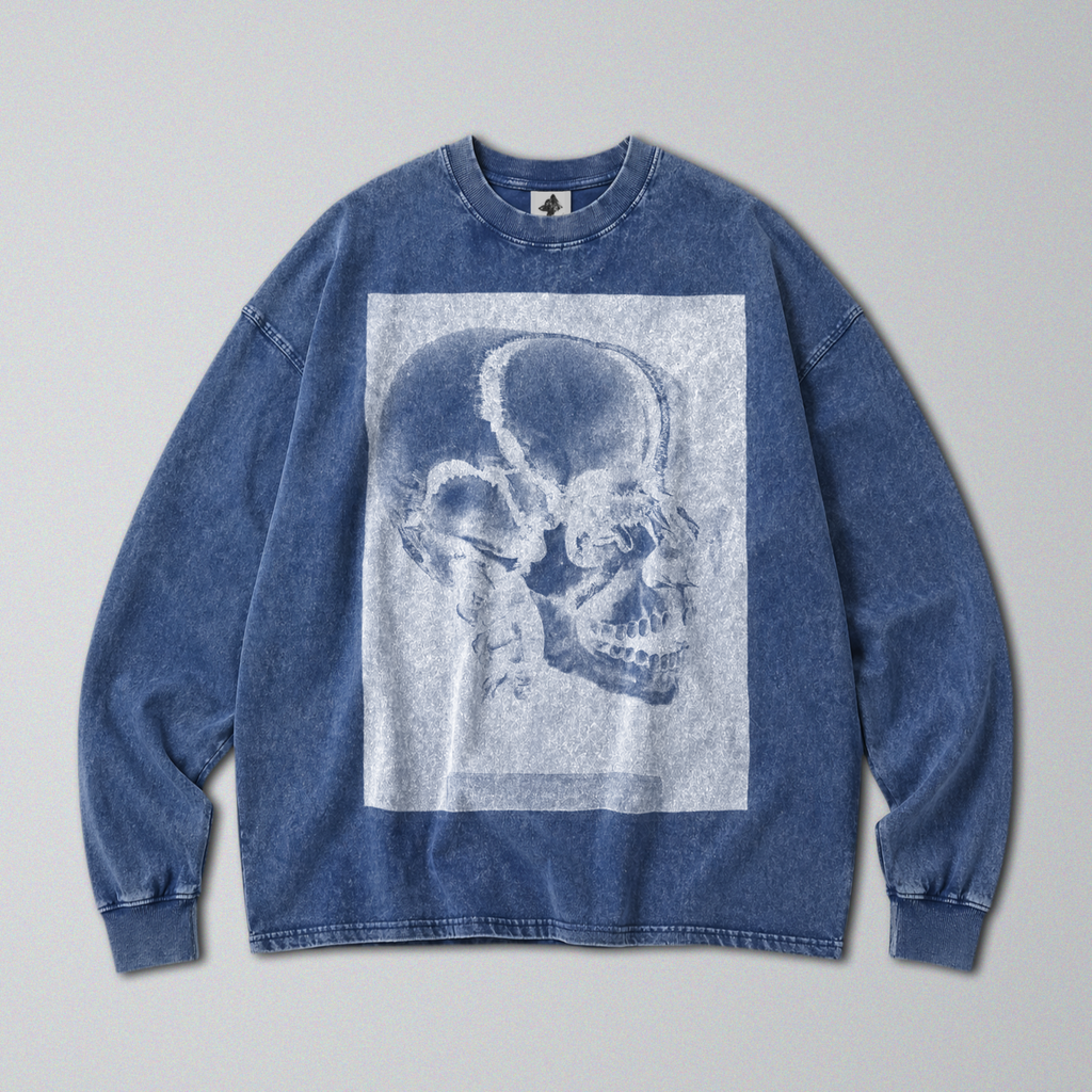 Oversized Snow Washed Long Sleeve Cotton Tee - Inverted Human Skull Print