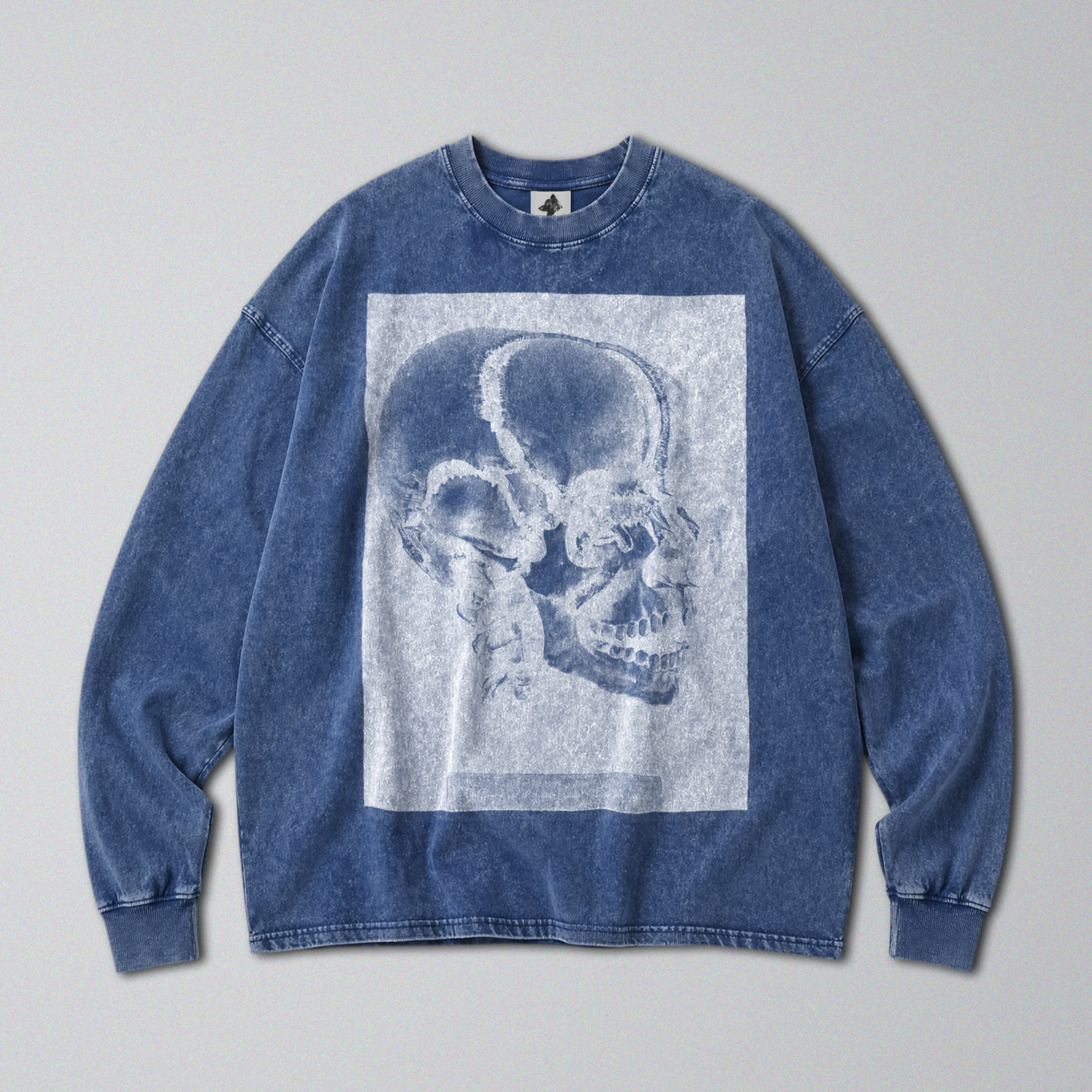 Oversized Snow Washed Long Sleeve Cotton Tee - Inverted Human Skull Print