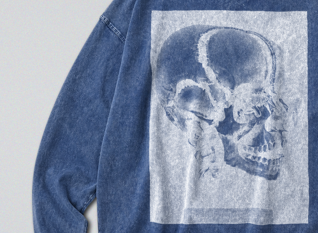Oversized Snow Washed Long Sleeve Cotton Tee - Inverted Human Skull Print