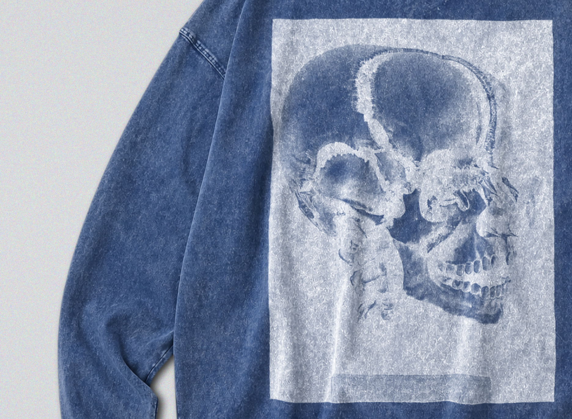 Oversized Snow Washed Long Sleeve Cotton Tee - Inverted Human Skull Print