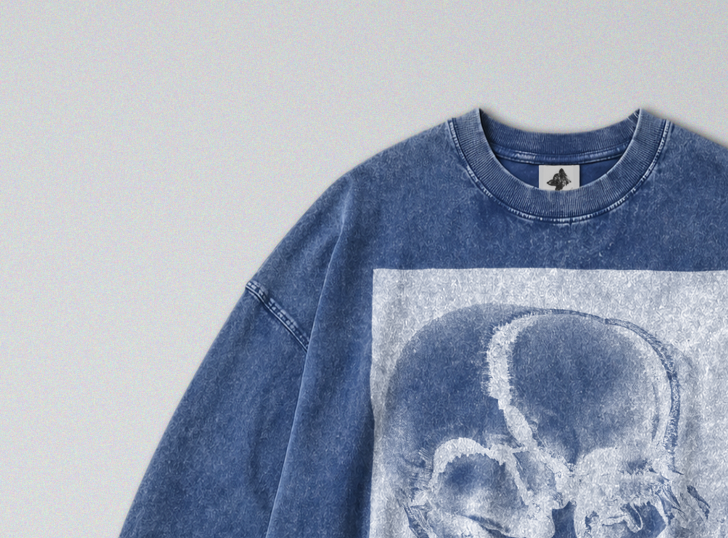 Oversized Snow Washed Long Sleeve Cotton Tee - Inverted Human Skull Print