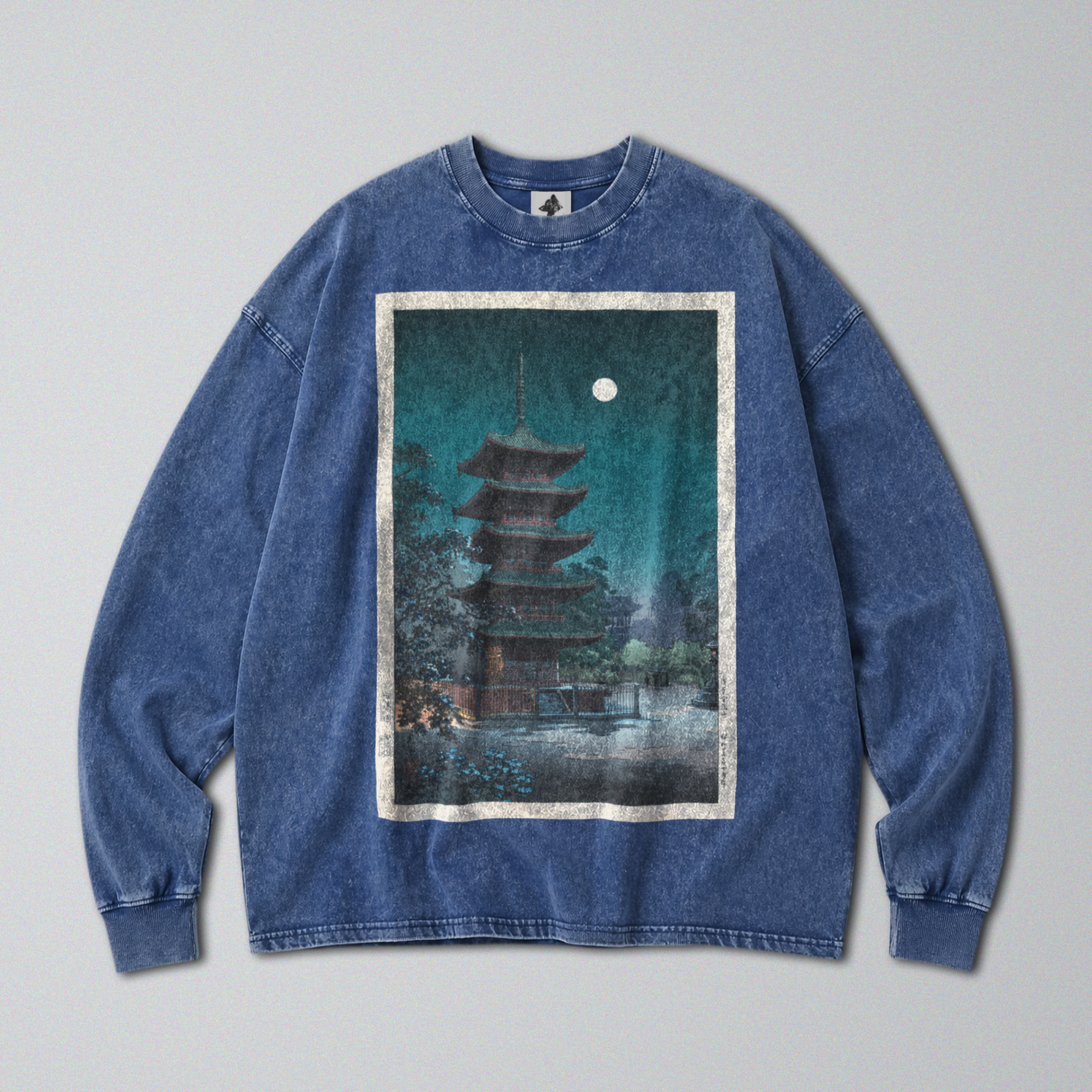 Oversized Snow Washed Long Sleeve Cotton Tee - Japan's Asakusa Kinryuzan Temple Print