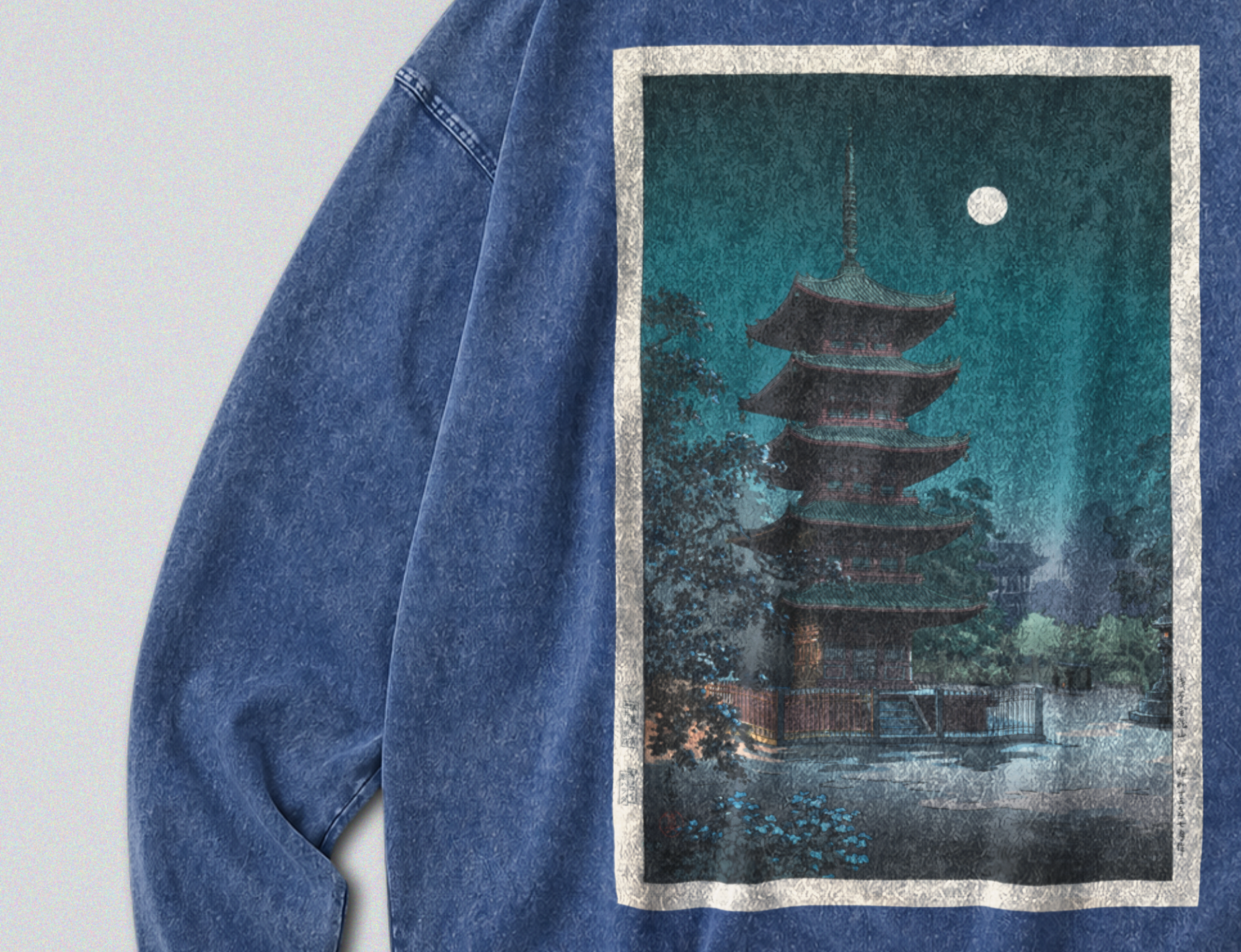 Oversized Snow Washed Long Sleeve Cotton Tee - Japan's Asakusa Kinryuzan Temple Print