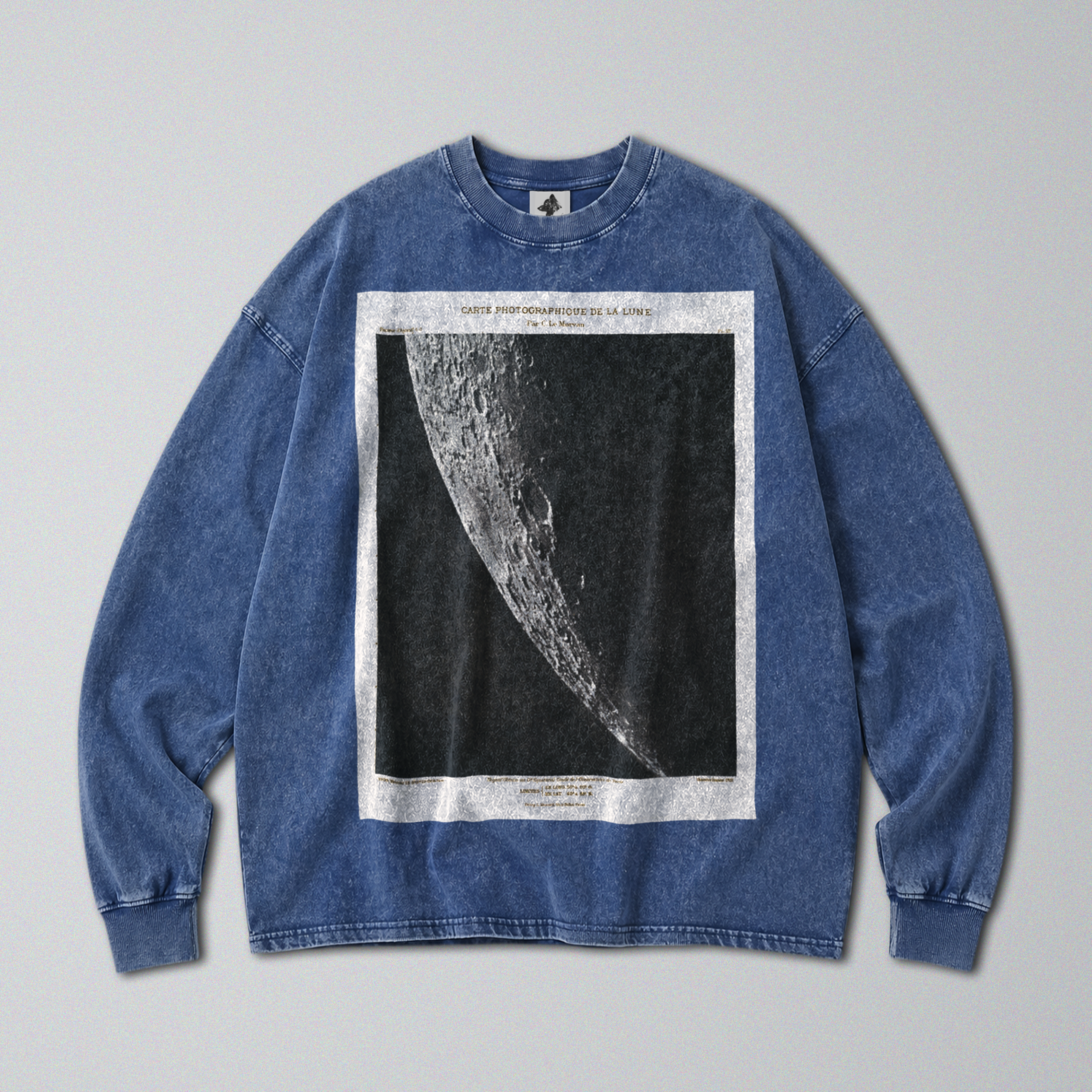 Oversized Snow Washed Long Sleeve Cotton Tee - Photo of the Moon Print