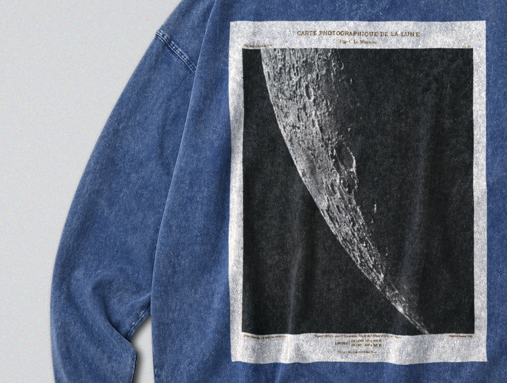 Oversized Snow Washed Long Sleeve Cotton Tee - Photo of the Moon Print
