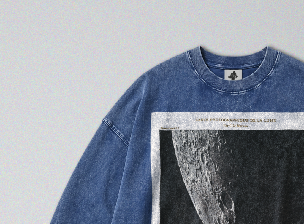 Oversized Snow Washed Long Sleeve Cotton Tee - Photo of the Moon Print