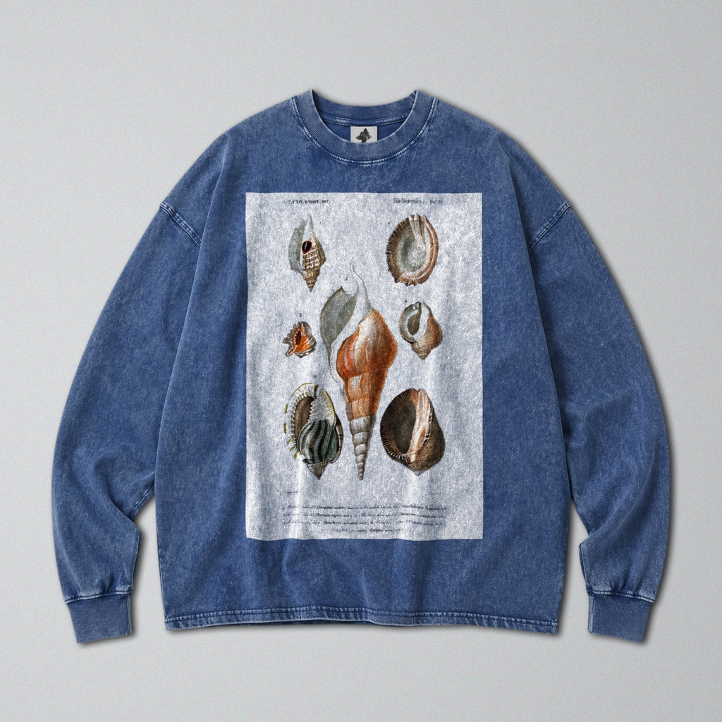 Oversized Snow Washed Long Sleeve Cotton Tee - Seashells & Molluscs Print