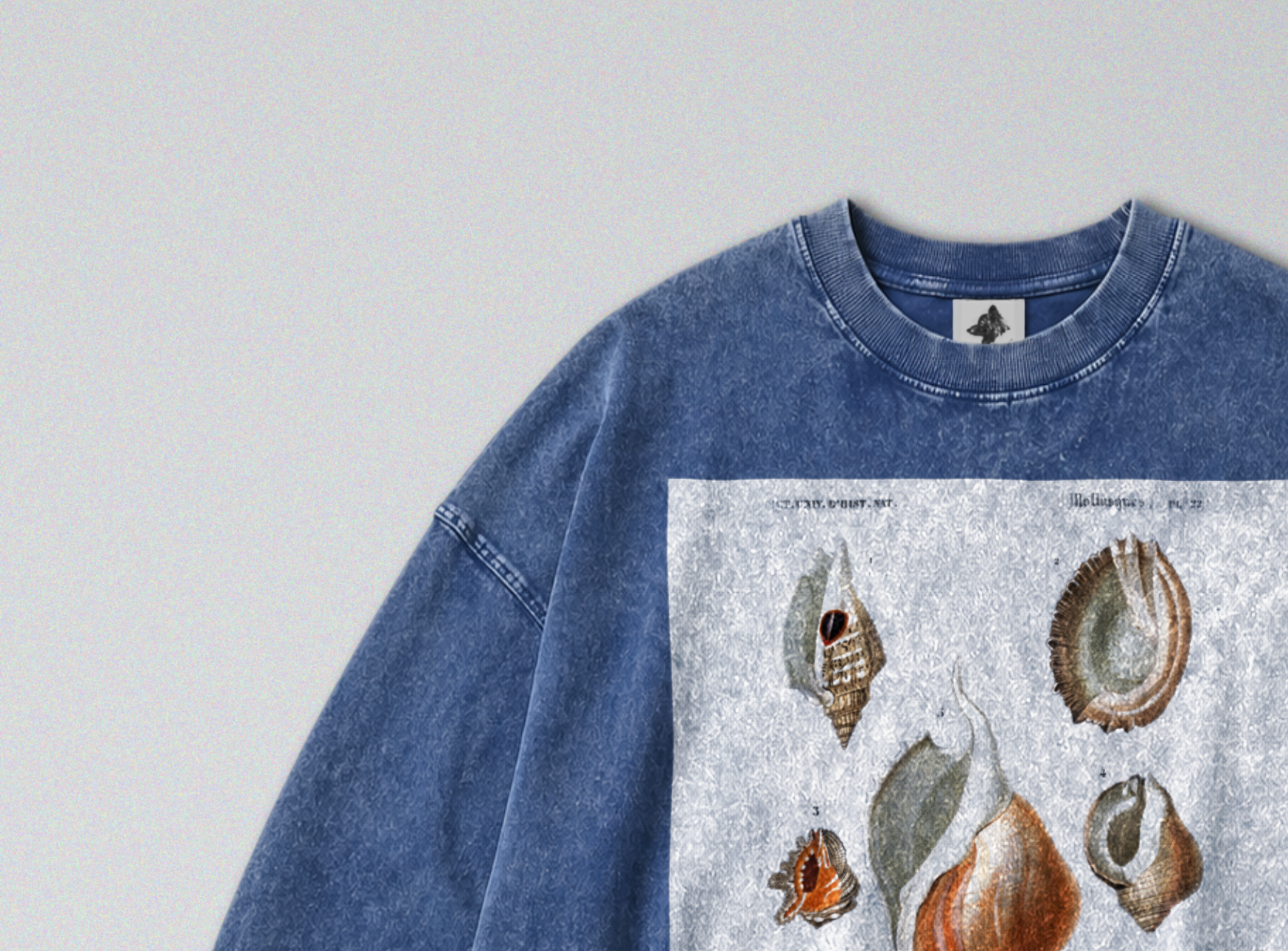 Oversized Snow Washed Long Sleeve Cotton Tee - Seashells & Molluscs Print