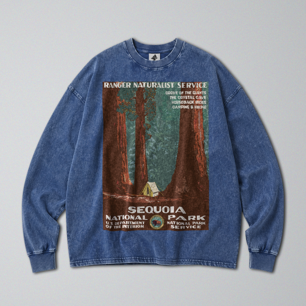 Oversized Snow Washed Long Sleeve Cotton Tee - Sequoia National Park Print