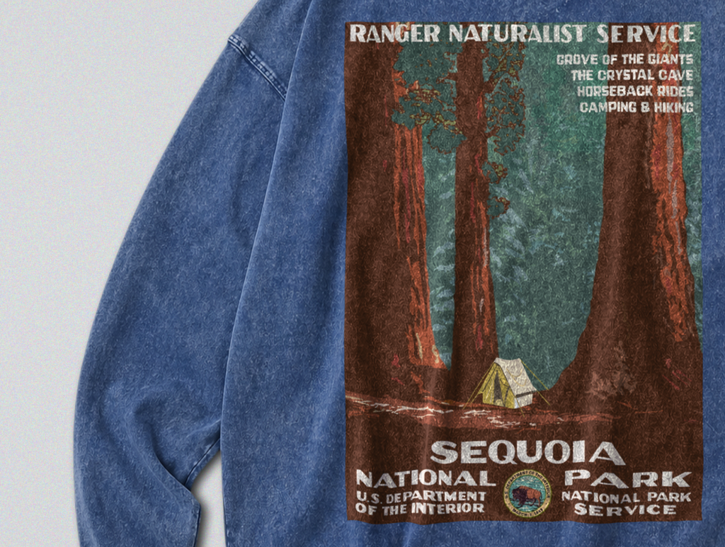 Oversized Snow Washed Long Sleeve Cotton Tee - Sequoia National Park Print