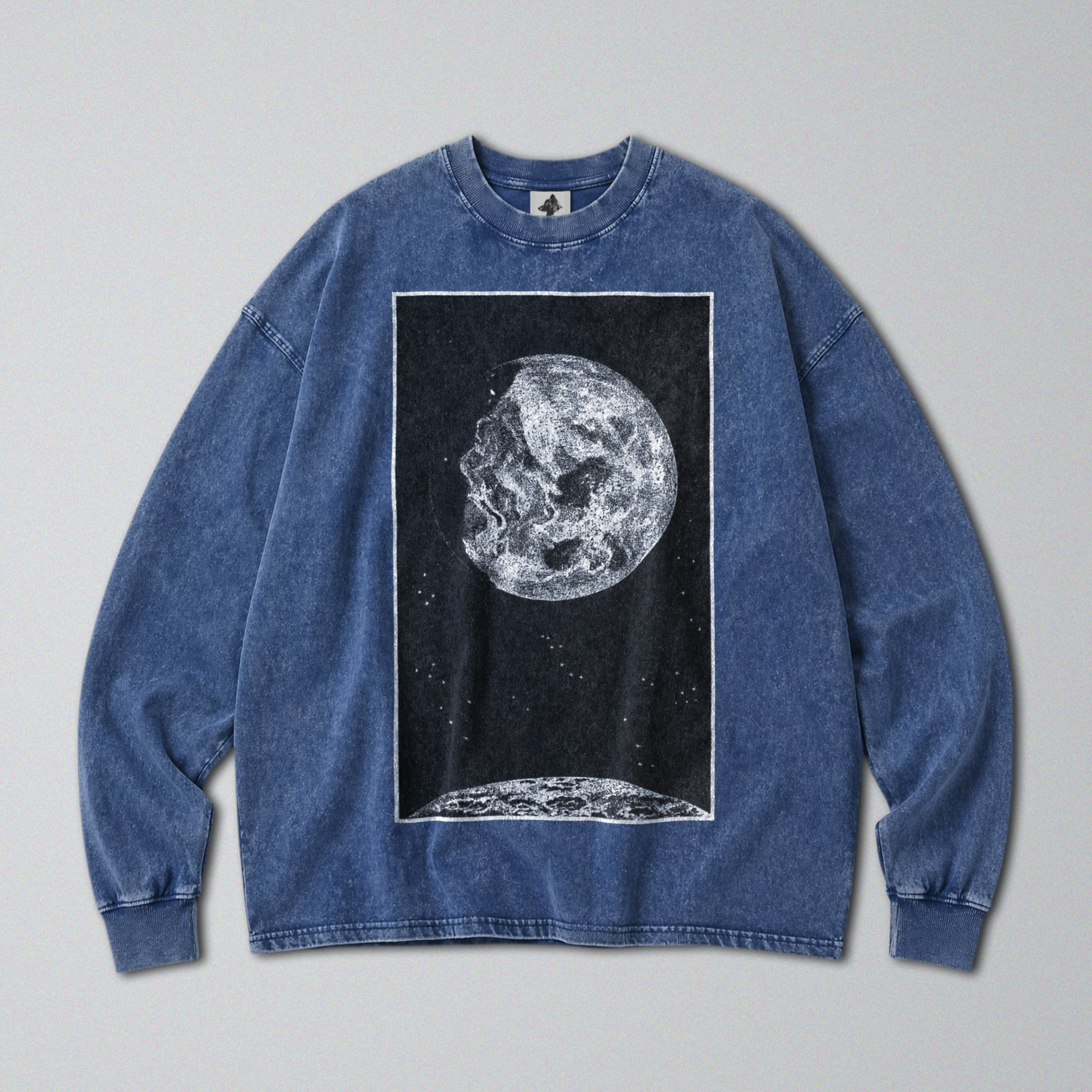 Oversized Snow Washed Long Sleeve Cotton Tee - Sun & Moon in Outer Space Print
