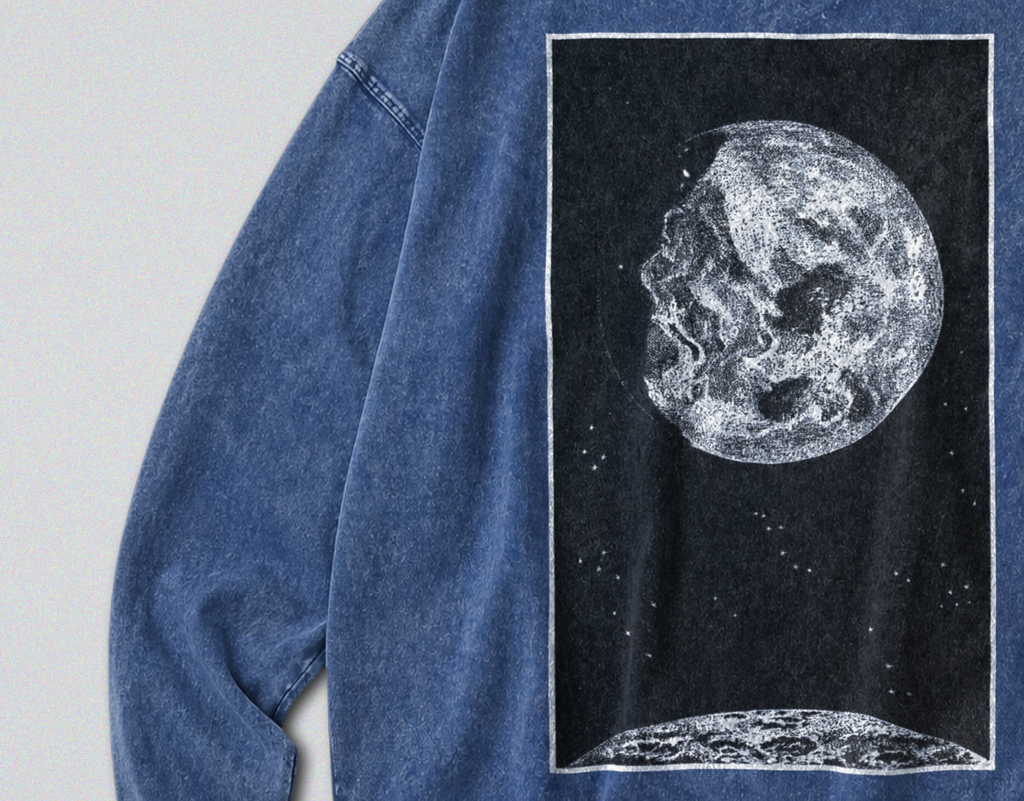 Oversized Snow Washed Long Sleeve Cotton Tee - Sun & Moon in Outer Space Print