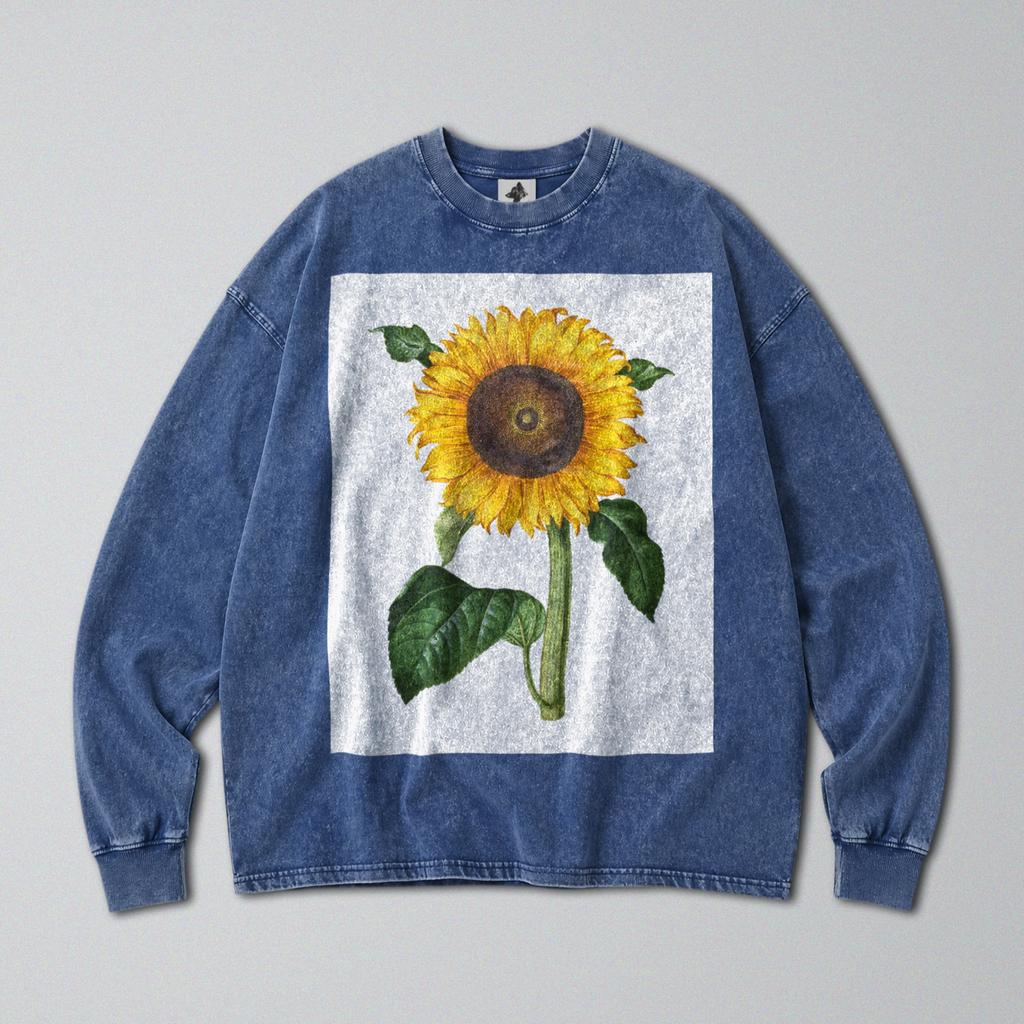 Oversized Snow Washed Long Sleeve Cotton Tee - Minimalist Sunflower Print