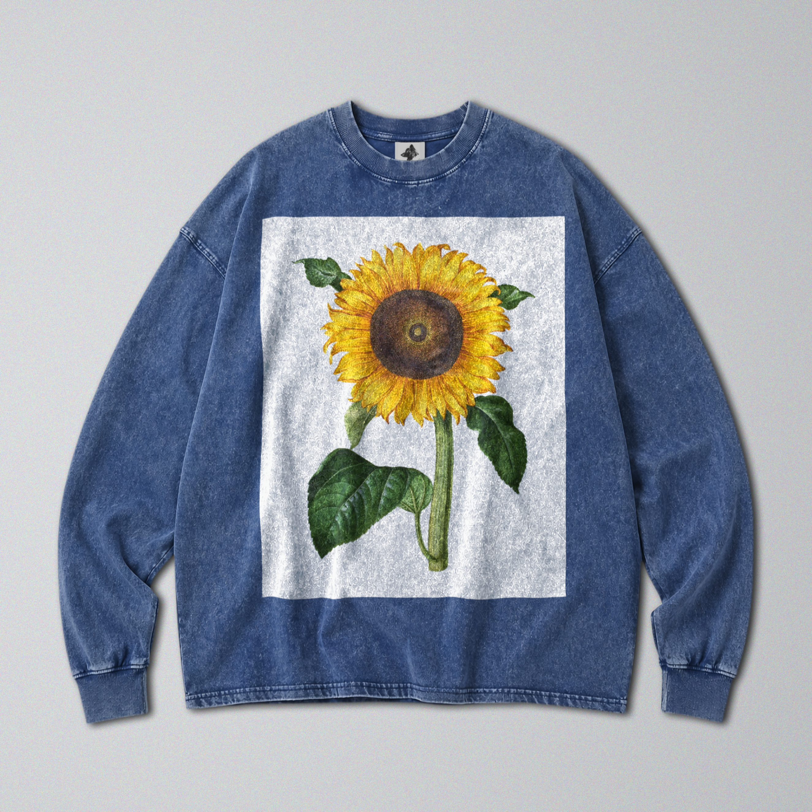 Oversized Snow Washed Long Sleeve Cotton Tee - Minimalist Sunflower Print
