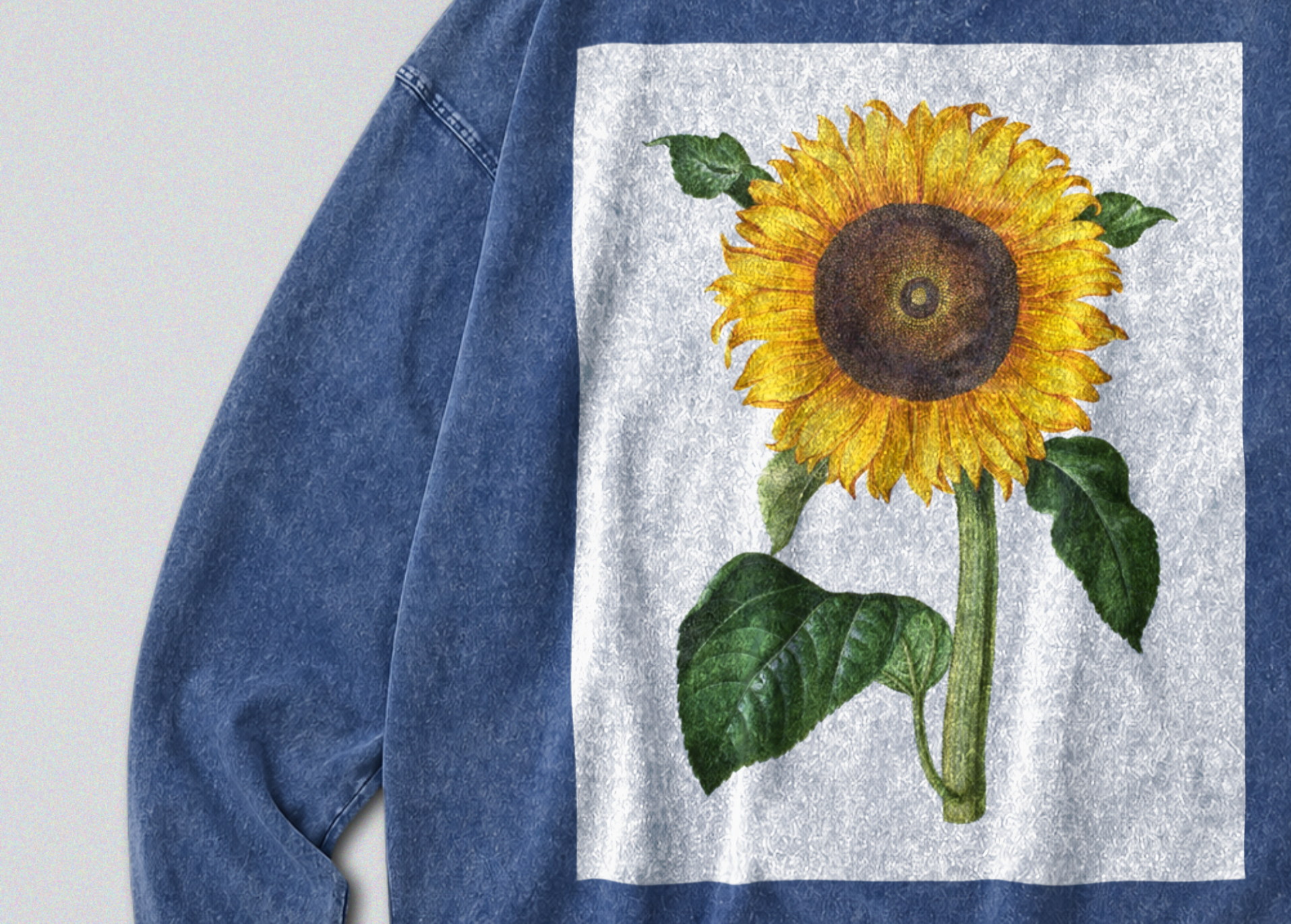 Oversized Snow Washed Long Sleeve Cotton Tee - Minimalist Sunflower Print